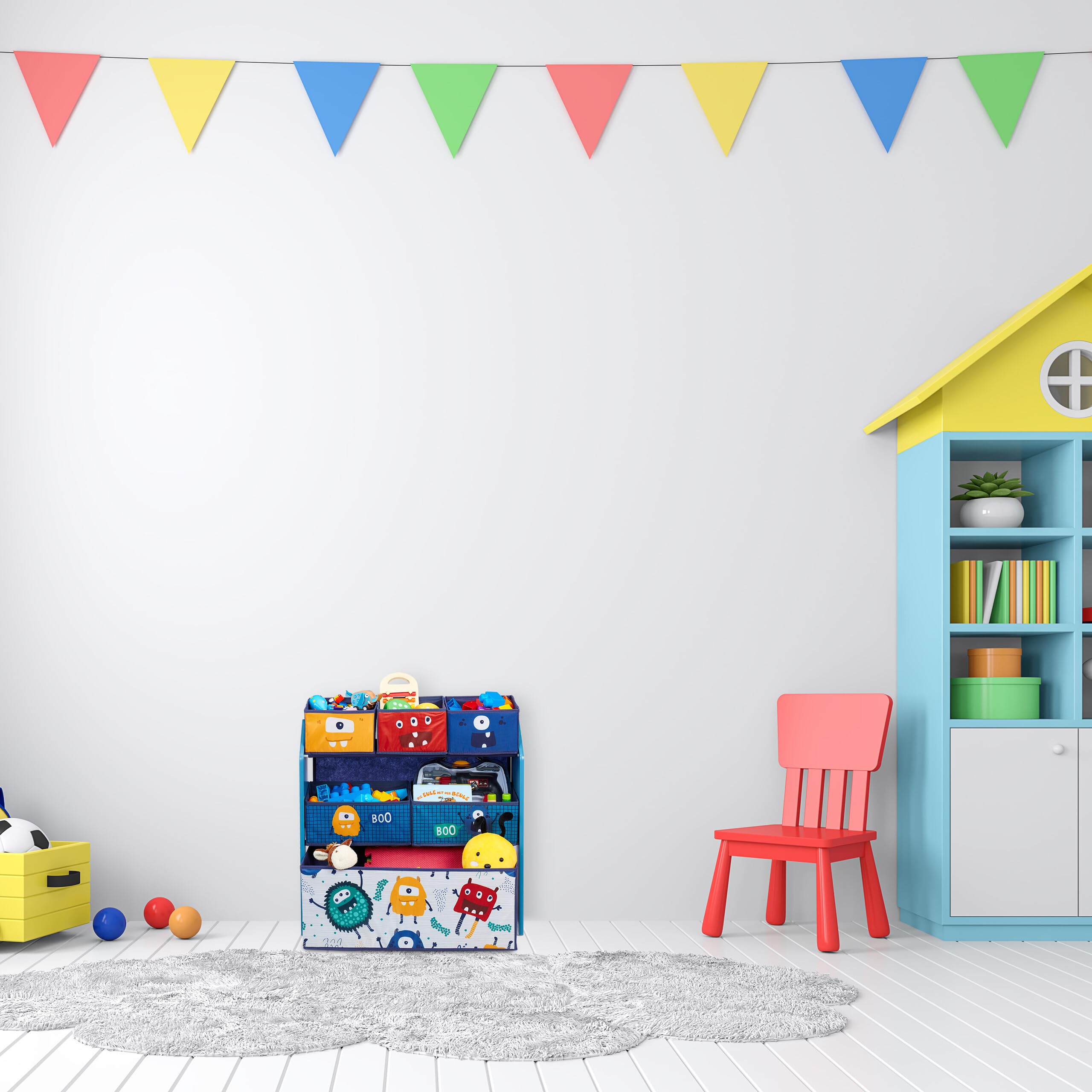Relaxdays Estantería Infantil, 6 Cajas Tela, Monstruos, Librería Niños, Ruedas, 66x63,5x30cm, Caja Juguetes, Multicolor