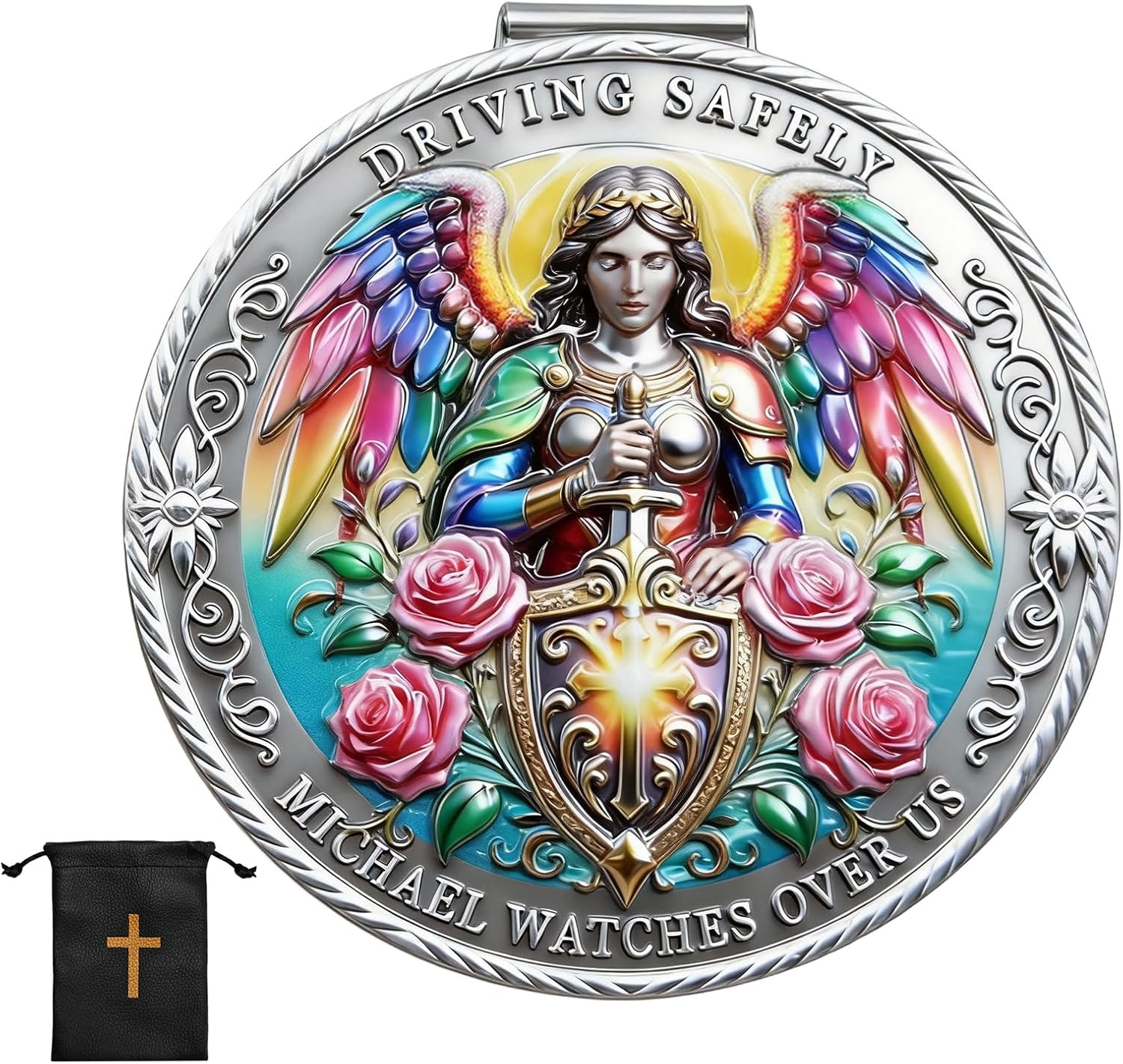 Guardian Angel for Car Visor Clip,with 3D Relief Design and Leather Pouch, Car Visor Clip for Safe Travel