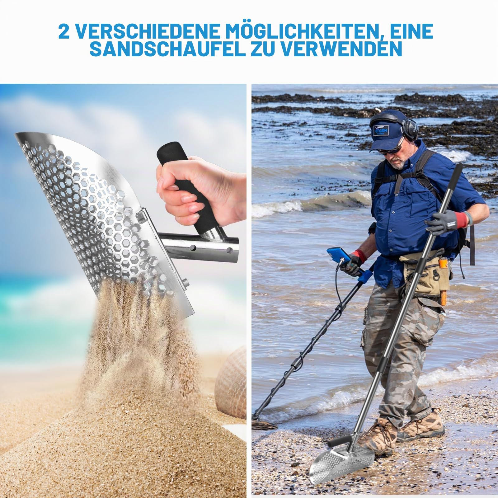 Sandschaufel Edelstahl für Metalldetektor, 114 CM Langer Griff Abnehmbare Metalldetektor-Schaufel - Schwerlast, Rostfrei Rostfrei Sandflohharke für Sand Sichtung, Schatzsuche, Unterwasser-Suche