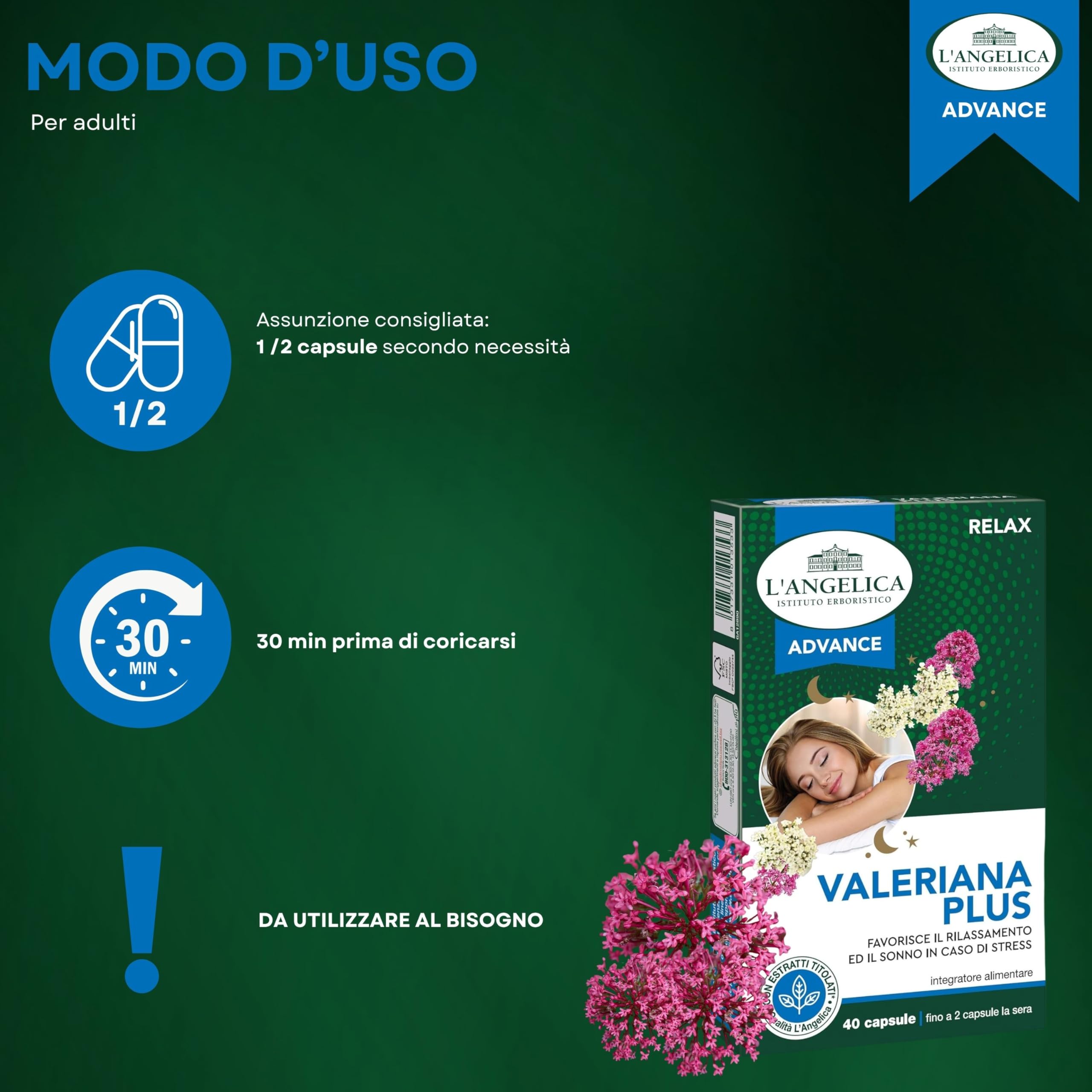 L'Angelica Advance, Valeriana Plus, Integratore Rilassante, Con Valeriana, Vegano, Senza Lattosio, 1 Confezione da 40 Capsule