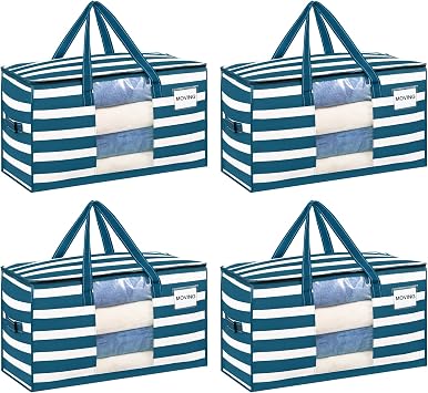 VENO Moving Bags, Wide Open Top, Clear Window, Classic Navy Stripe, 4 Pack | Moving boxes Alternative, Heavy Duty, Storage Bags, Clothes and Comforter Storage, Packing Supplies, College Dorm Essentials