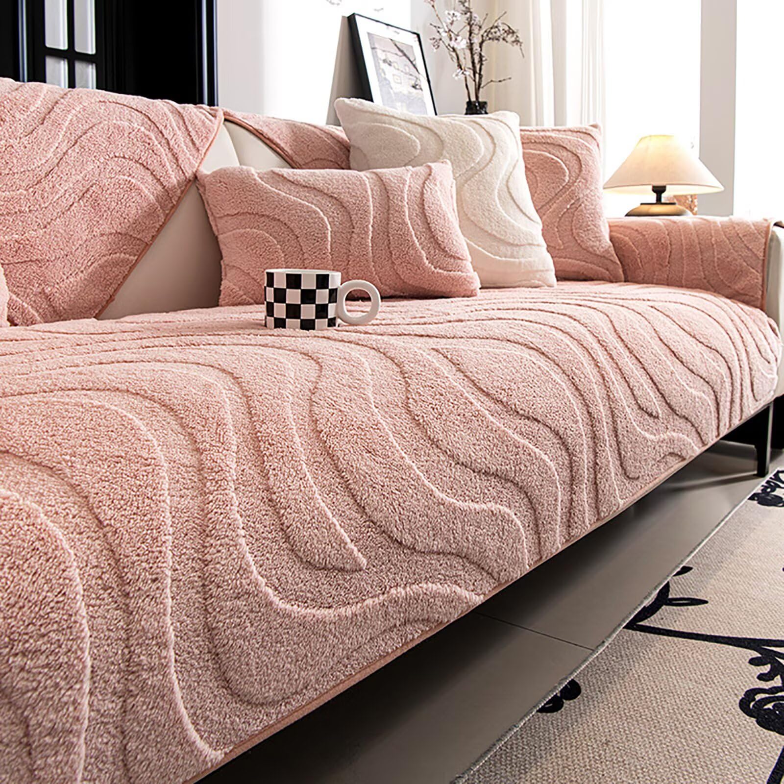 GuihcdknfuS Sofa Covers Washable, Plush Stripe Couch Cover for Sofas, Non Slip Couch Cover, Settee Covers L Shape, Sofa Slipcover for Pet Dog Furniture Protect, pink, 90 * 210cm