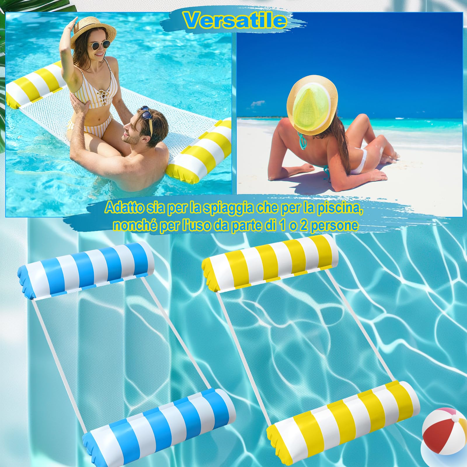 GOLDGE 2 Pezzi Materassino Mare, 4 in 1 Multiuso Piscina Gonfiabile, Amaca Galleggiante Gonfiabile per Adulti da Spiaggia e Piscina (Blu e Giallo)