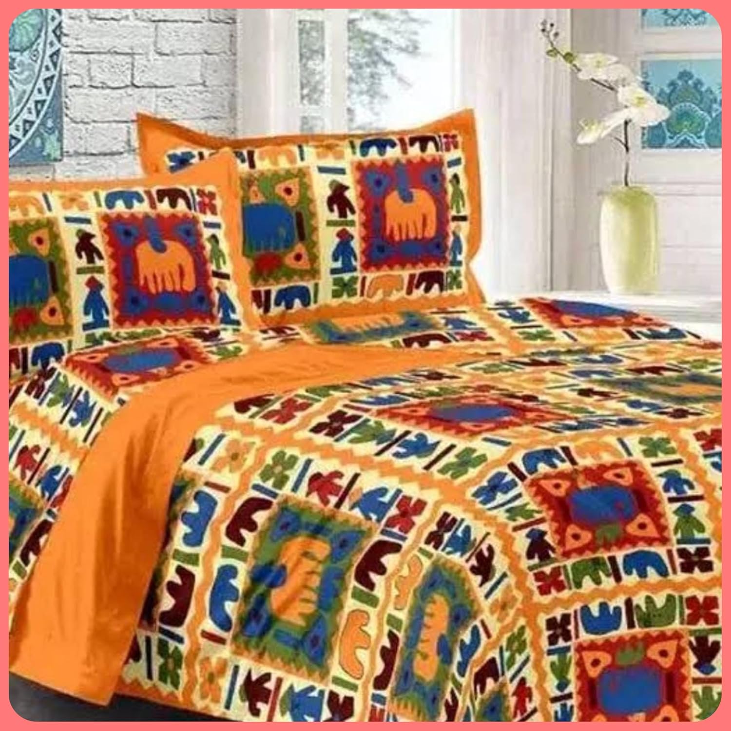100% Cotton Double Bedsheet for Double Bed King Size Traditional Jaipuri Bedsheet with 2 Pillow Covers – MultiColors91