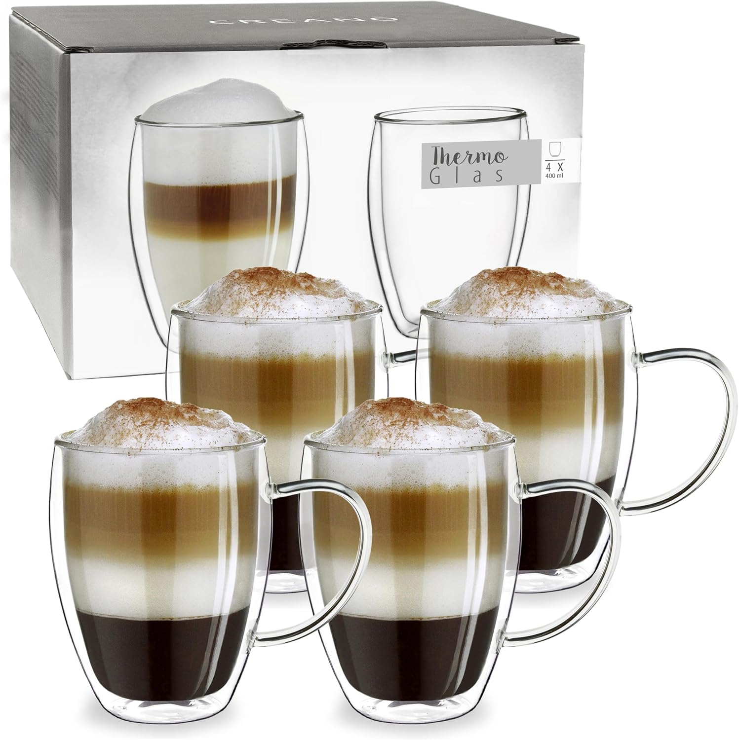 Creano Szklanki do kawy z podwójnymi ściankami z uchwytem, 400 ml, izolowane kubki do latte macchiato - cappuccino, herbata - ręcznie robione żaroodporne kubki XXL - 4 szt. (1 opakowanie)