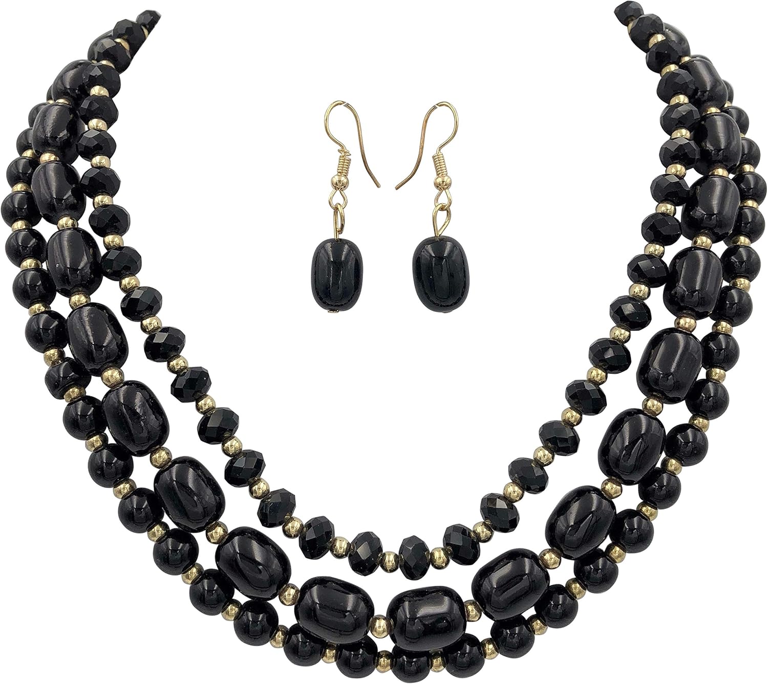 Gypsy Jewels 3 Row Layered Multi Color Beaded Necklace with Dangle Earrings Set