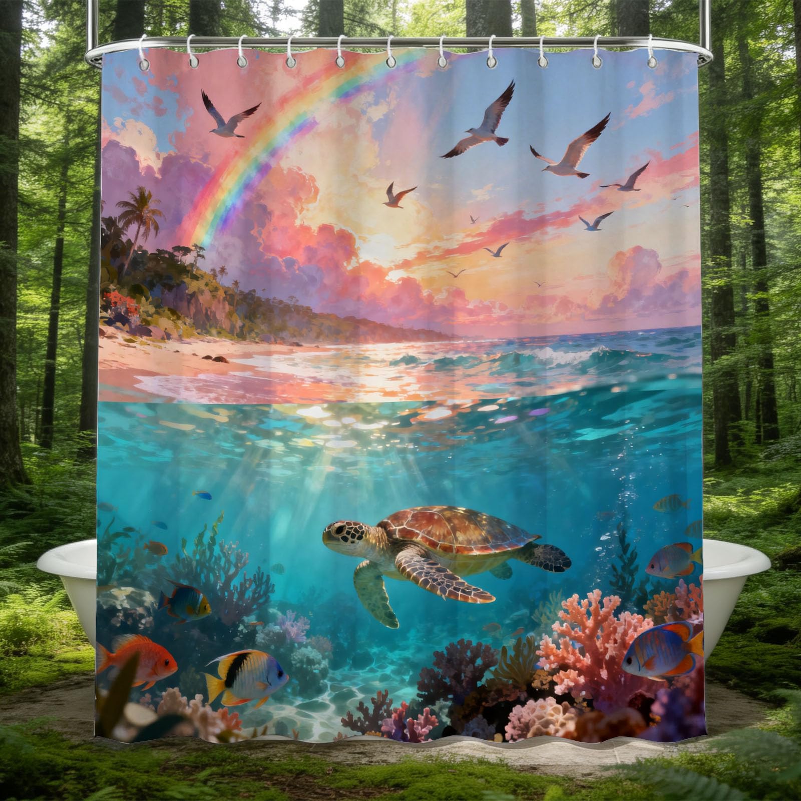 Hongduo 3D Beach Turtle Shower Curtain for Stalls Bathtubs Rainbow Beach Bathroom Decor Shower Curtain Set Polyester Fabric Waterproof 180x180cm/71X71 Inch with Hooks