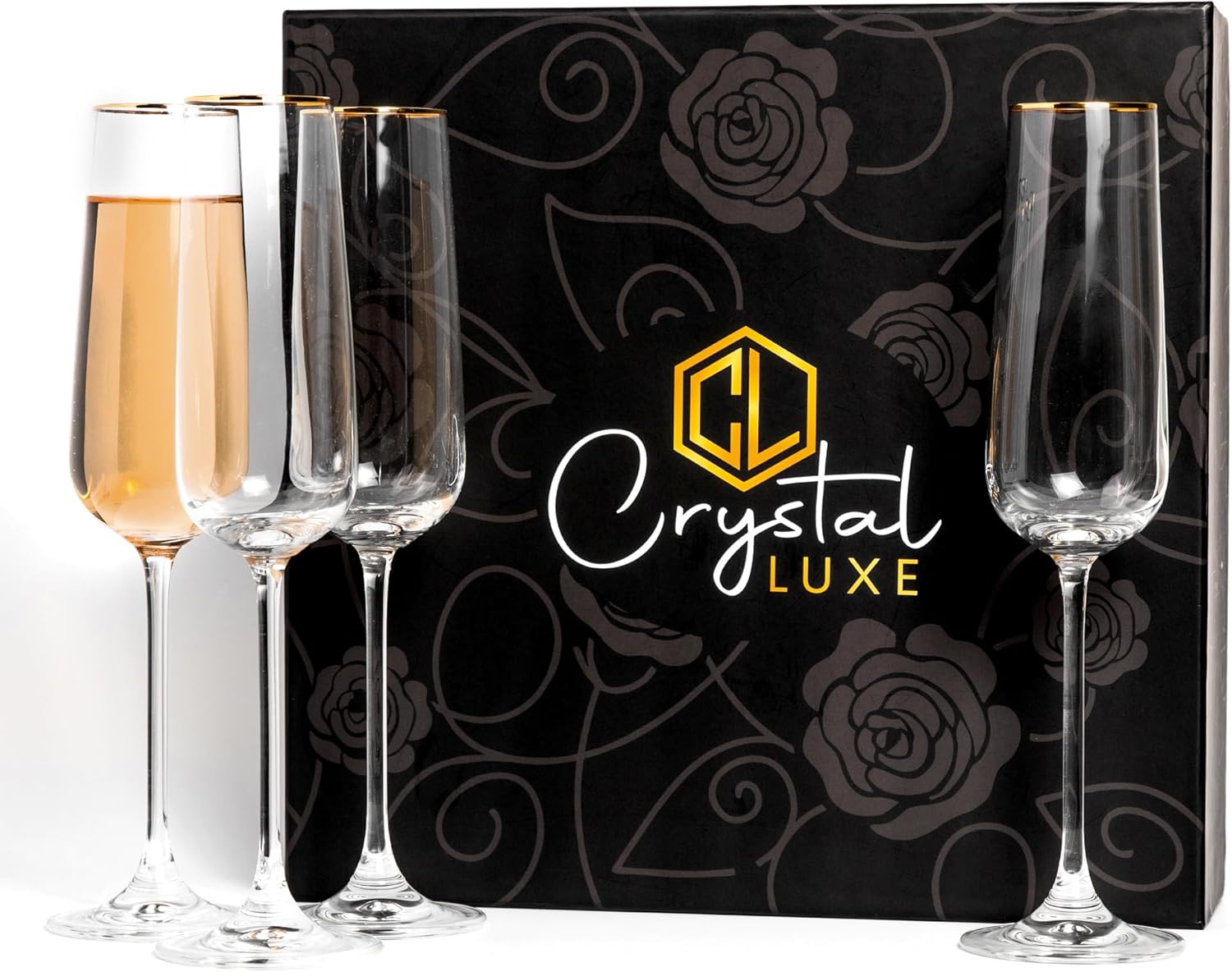 CRYSTAL LUXE Champagne Flutes, 24k Gold Champagne Glasses Set of 4, Hand blown Crystal Champagne Flutes Glass,Mimosa glasses, Gifts for Wedding, Anniversary, Women, Men, Birthday