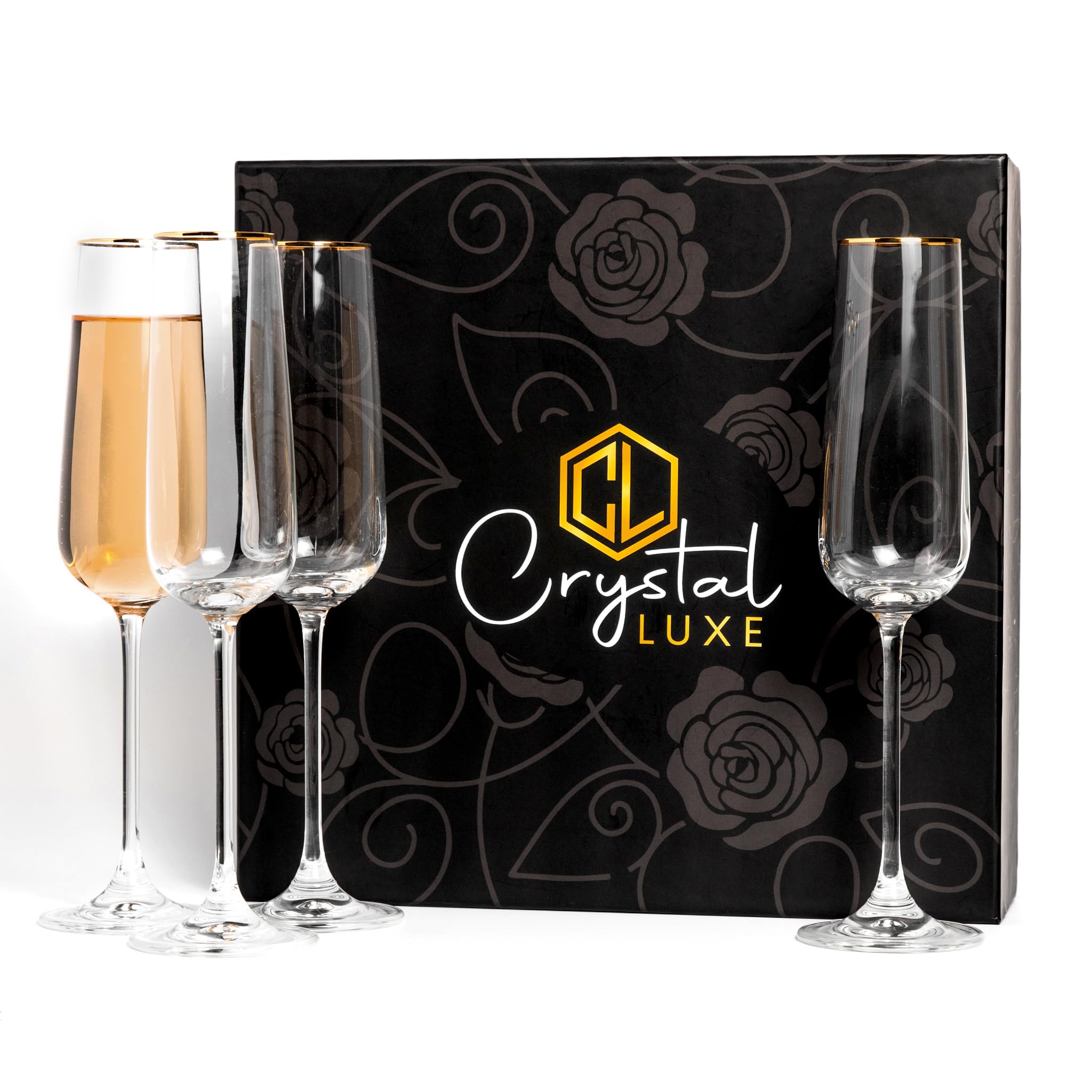 CRYSTAL LUXE Juego de 4 copas de champán doradas, copas de champán sopladas a mano, copas de champán de cristal, regalos para bodas, aniversarios, mujeres, hombres, cumpleaños