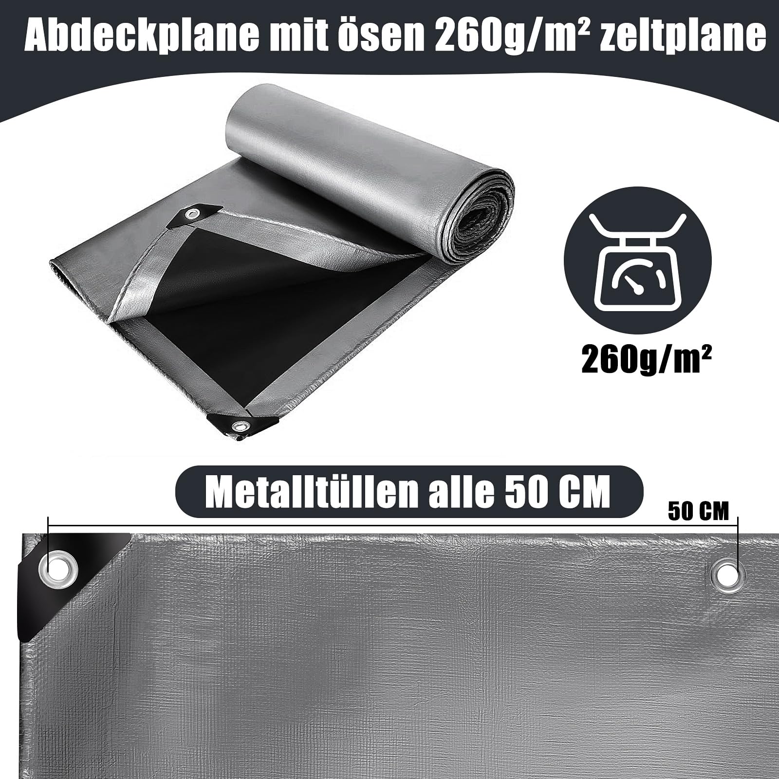 Lona de lona con ojales, 260 g/m², impermeable, protección, lona de tejido, multiusos, resistente a roturas, duradera, estabilizada a los rayos UV, para muebles de jardín, trampolín, techo, coche,