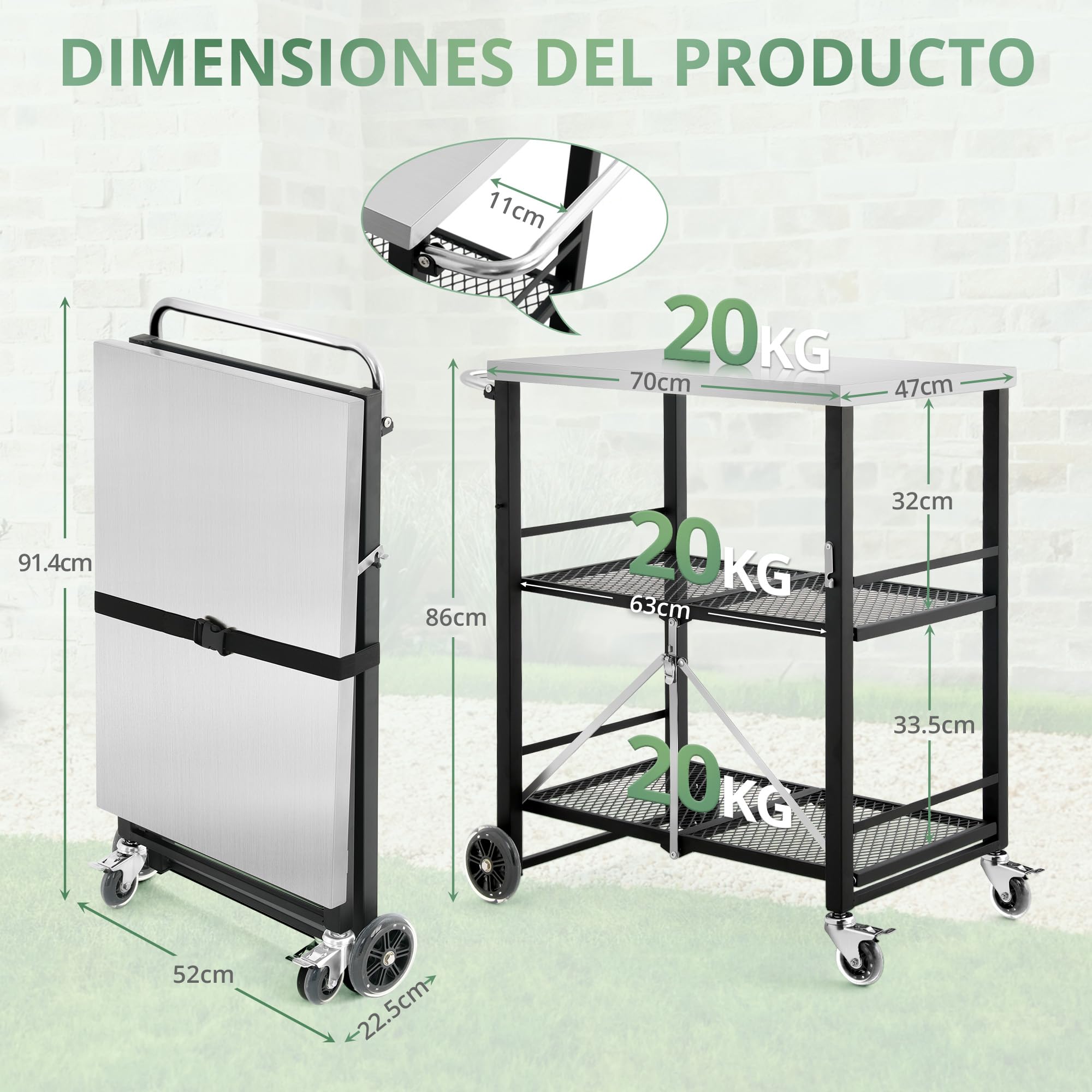 LUE BONA Mesa de Barbacoa con 2 Niveles,Carro de Barbacoa con 4 Ruedas Cerradas,Postre Exterior para Barbacoa con Ganchos y Estante,Carrito de Comedor para Cocinas,Barbacoas,Fiestas,47x70x86 cm,Negro