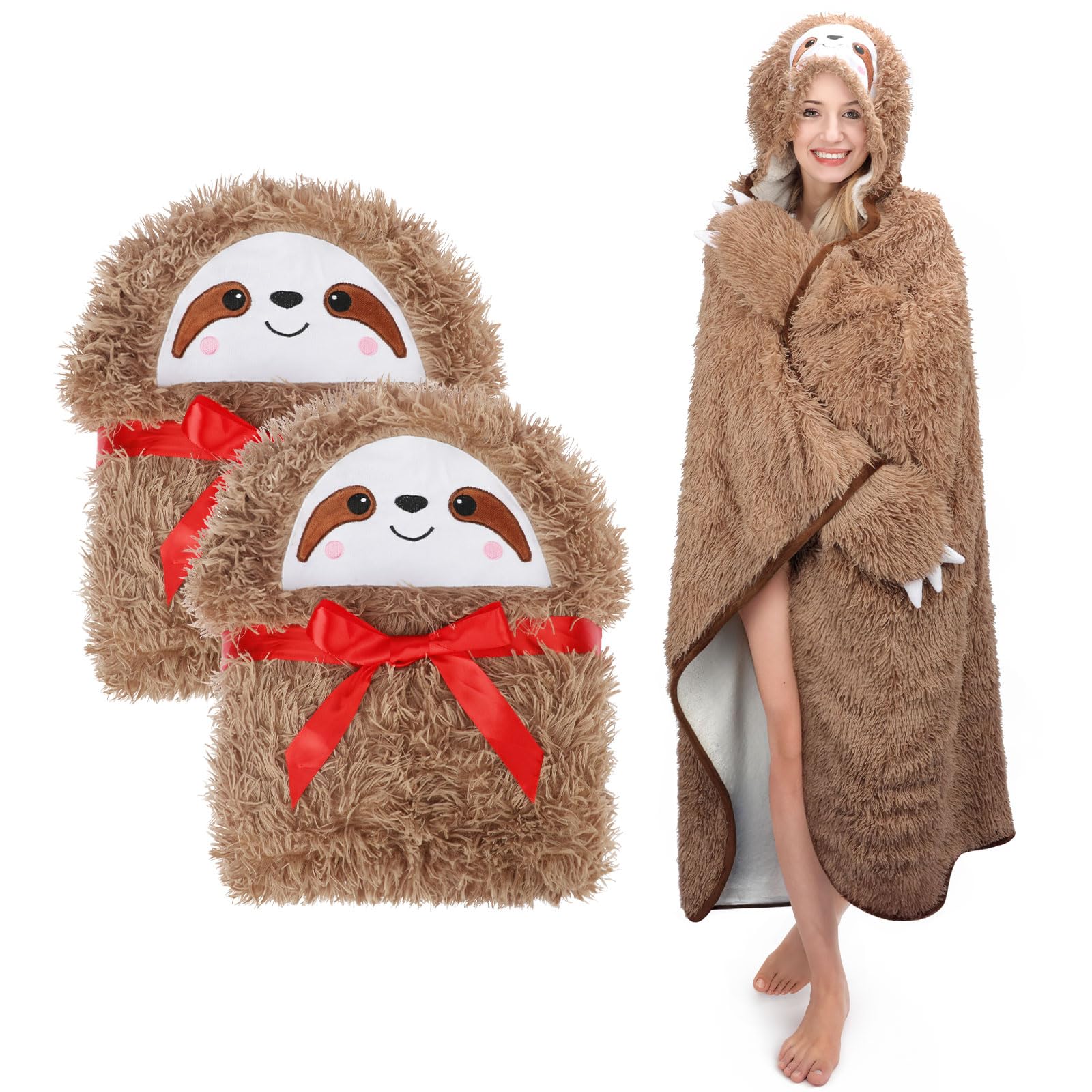 Zealor2pcs Sloth Wearable Hooded Blankets for Adults Fluffy Soft Faux Fur Blanket Plush Oversize Blanket Hoodie Flannel Fleece Sherpa Hoodie Throw Cloak Wrap Sloth Gifts for Women Adults and Kids
