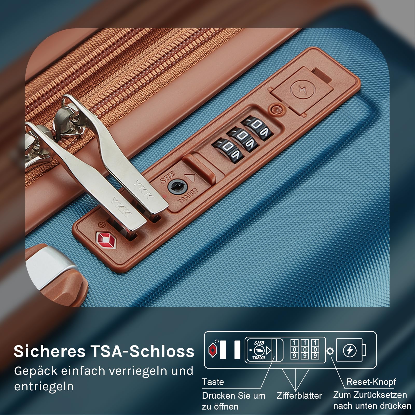 Joyway Valigia Set di valigie a mano 4 pezzi, valigia da viaggio a guscio duro con porta USB e portabicchieri, 4 ruote TSA lock La valigia, Blu Marrone