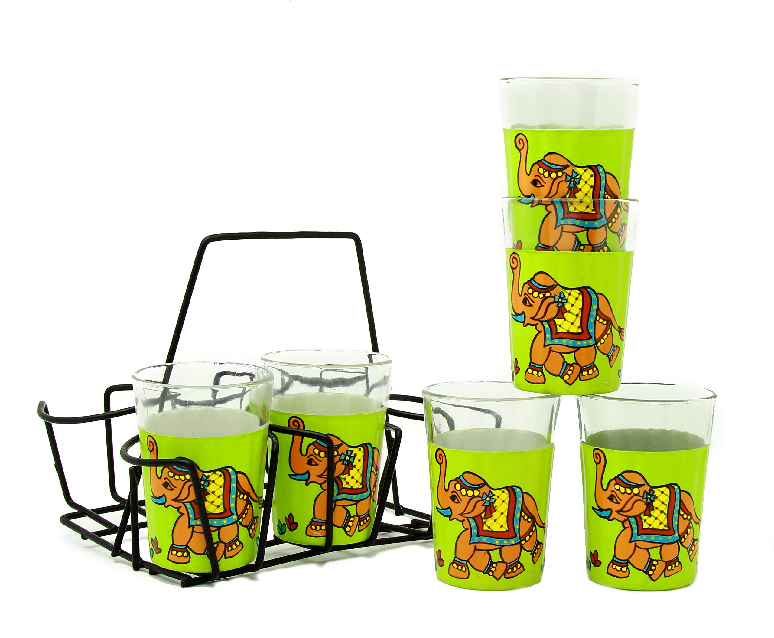 A Krazy Mug Colourful Elephant Design Hand Crafted Traditional Tapri Tea Glasses with Iron Container Stand Holder (Yellow, Set of 6, 90ml)