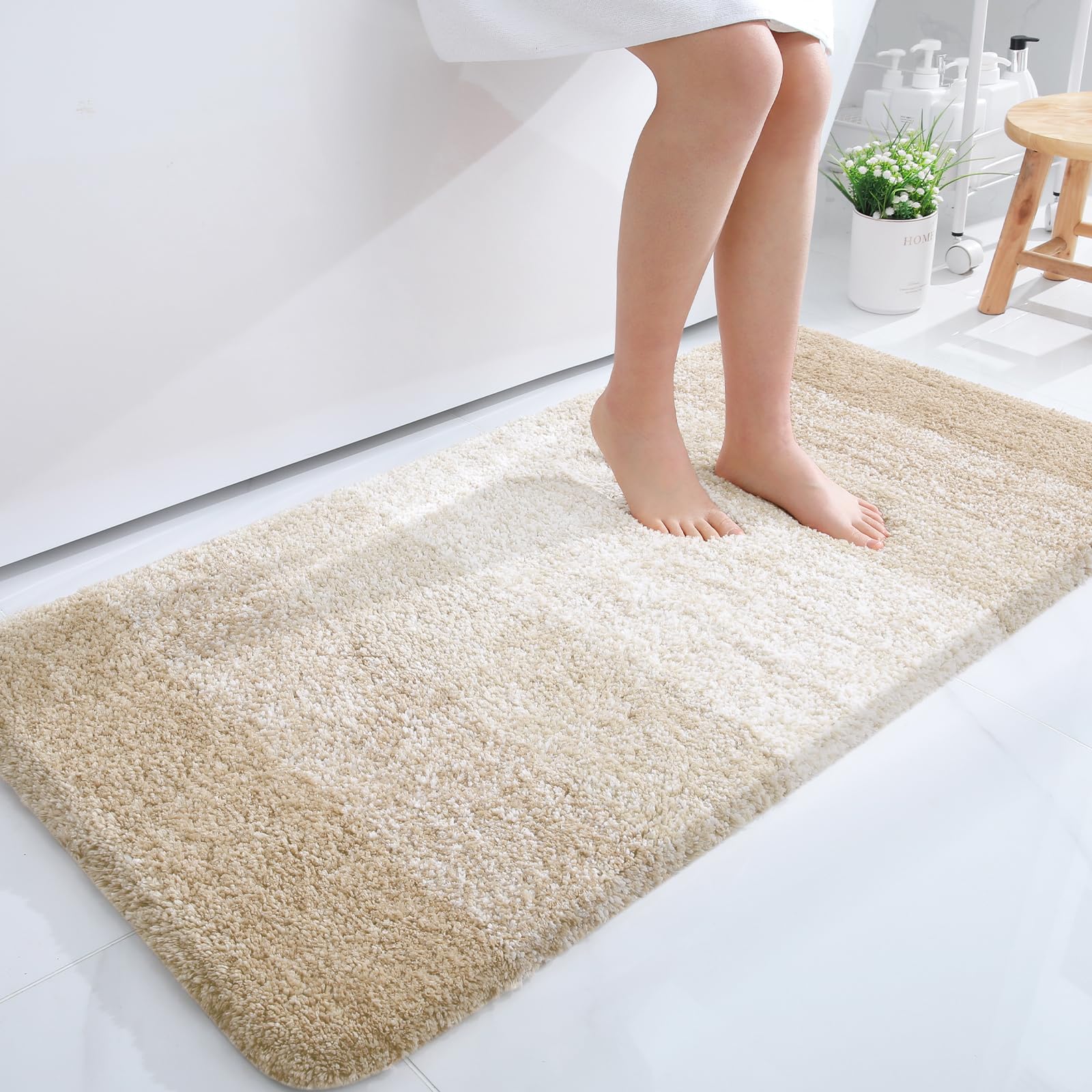 OLANLY Bathroom Runner Rug 47x24, Extra Soft Absorbent Microfiber Bath Rugs | Light Beige, Non-Slip Quick-Drying Rubber Backing, Washable Long Bath Mat for Floor, Tub and Shower, Home Decor