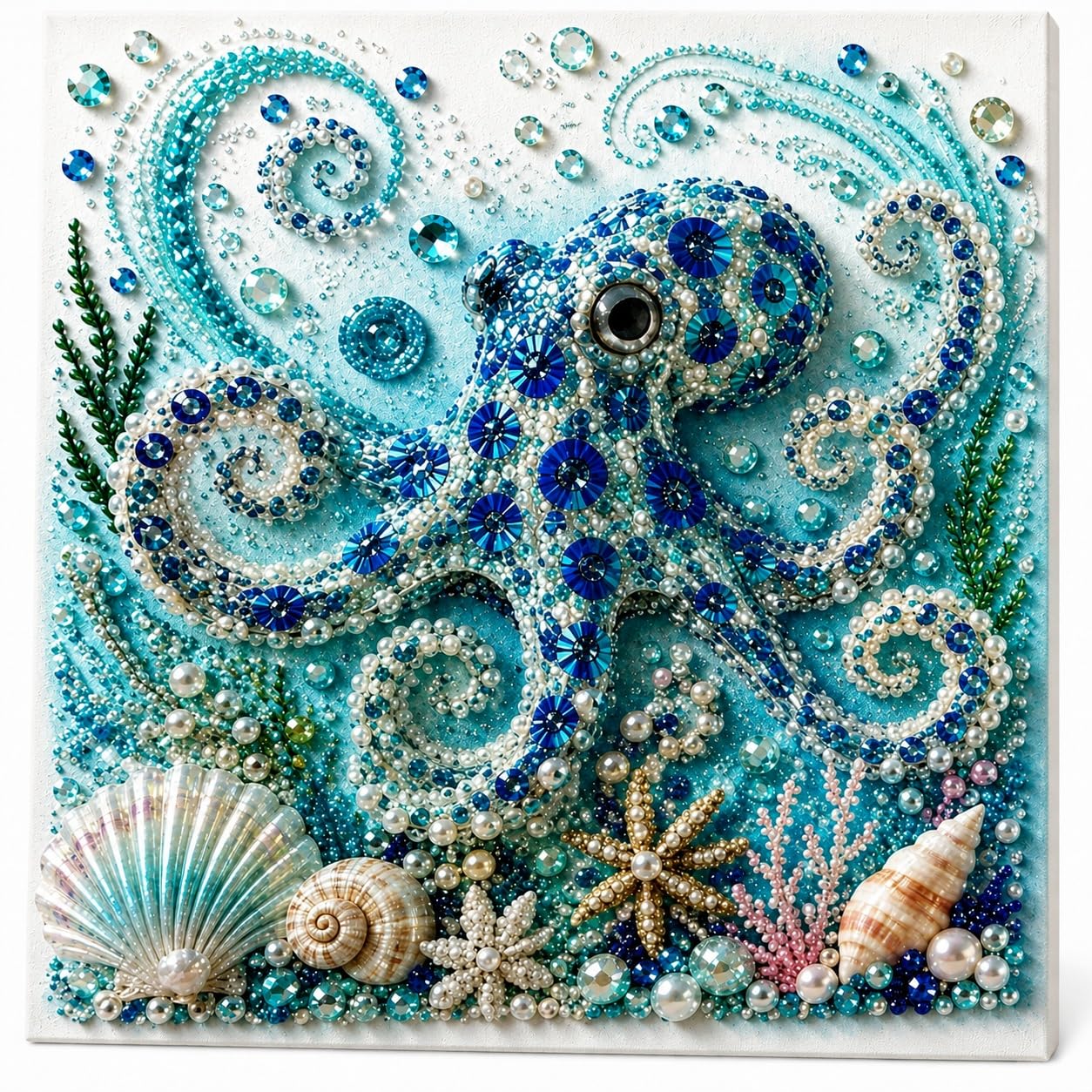 Ocean Theme Pearl Art DIY Kit with Blue Octopus, Seashells, Starfish & Rhinestone Accents, Ocean Diamond Art for Adults & Beginners, Sparkling Coastal Wall Decor (20X20cm, Octopus)
