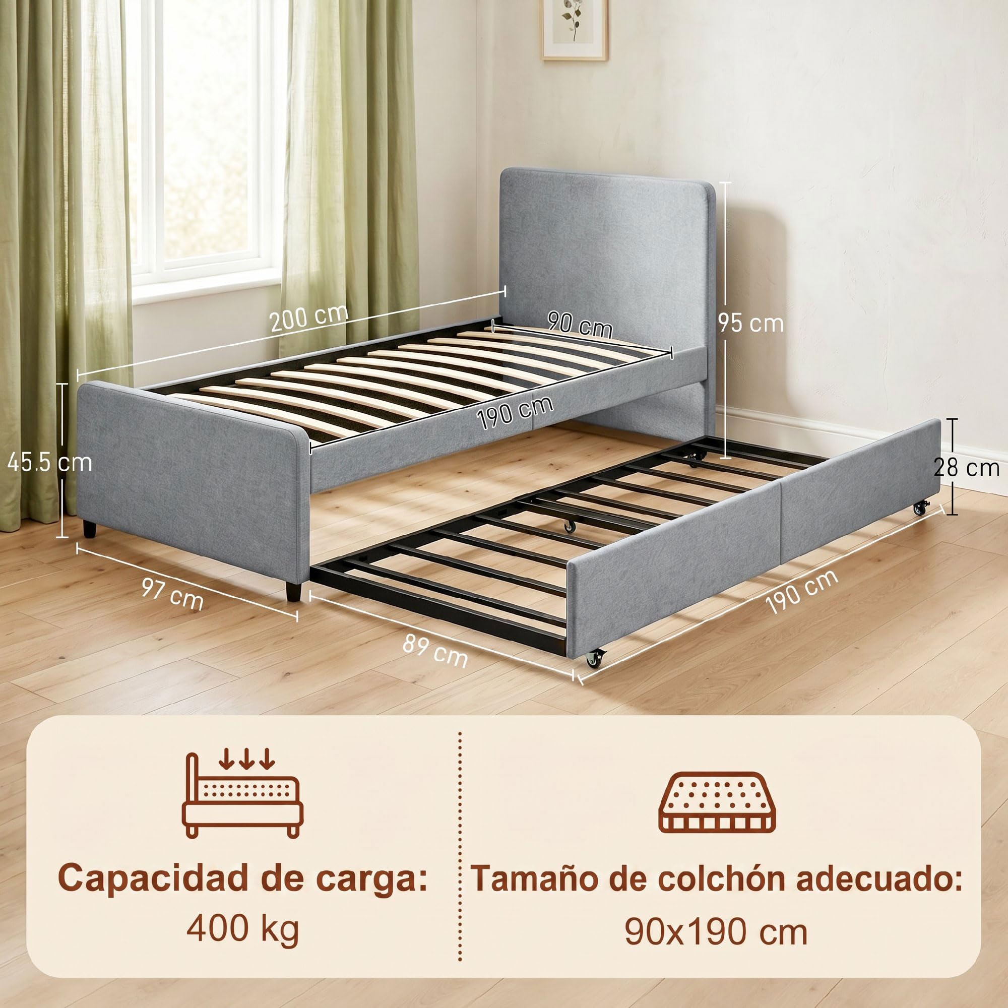 HOMCOM Cama Nido Individual 90x190 cm con Cabecero y Piecero Gris Claro | Estructura de Cama Tapizada en Lino, Listones de Madera, Sin Colchón
