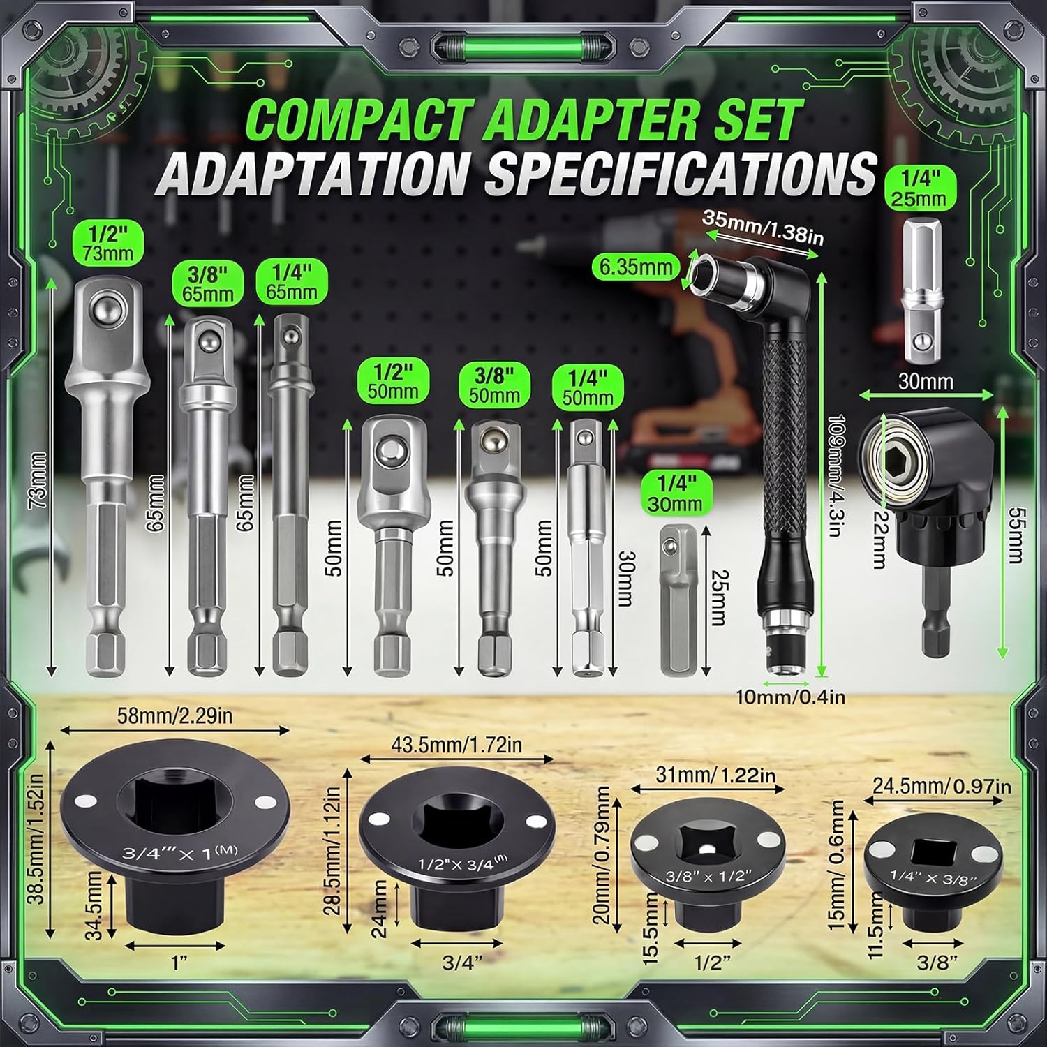 Shimeyao 14Pcs Low Profile Impact Socket Adapter Set – 1/4", 3/8", 1/2", 3/4", 1" Drive Adapters with Magnetic Hold, 105 Degree Right Angle Drill Attachment L‑Shaped Socket Wrench and 8 Extension Bars