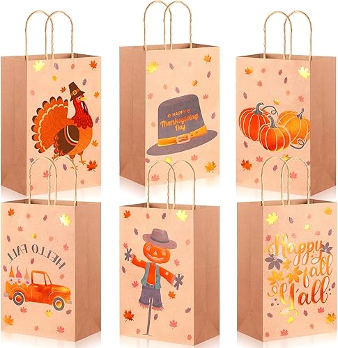 Yexiya Bolsas de regalo de otoño a granel de papel kraft de Acción de Gracias, bolsas de dulces de otoño con asas, bolsas de golosinas de otoño para
