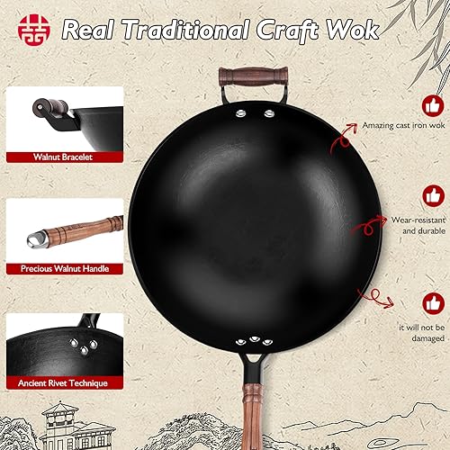 Miniatura 4 de WANGYUANJI Wok de hierro fundido con fondo redondo de 12.5 pulgadas con espátula de hierro tradicional