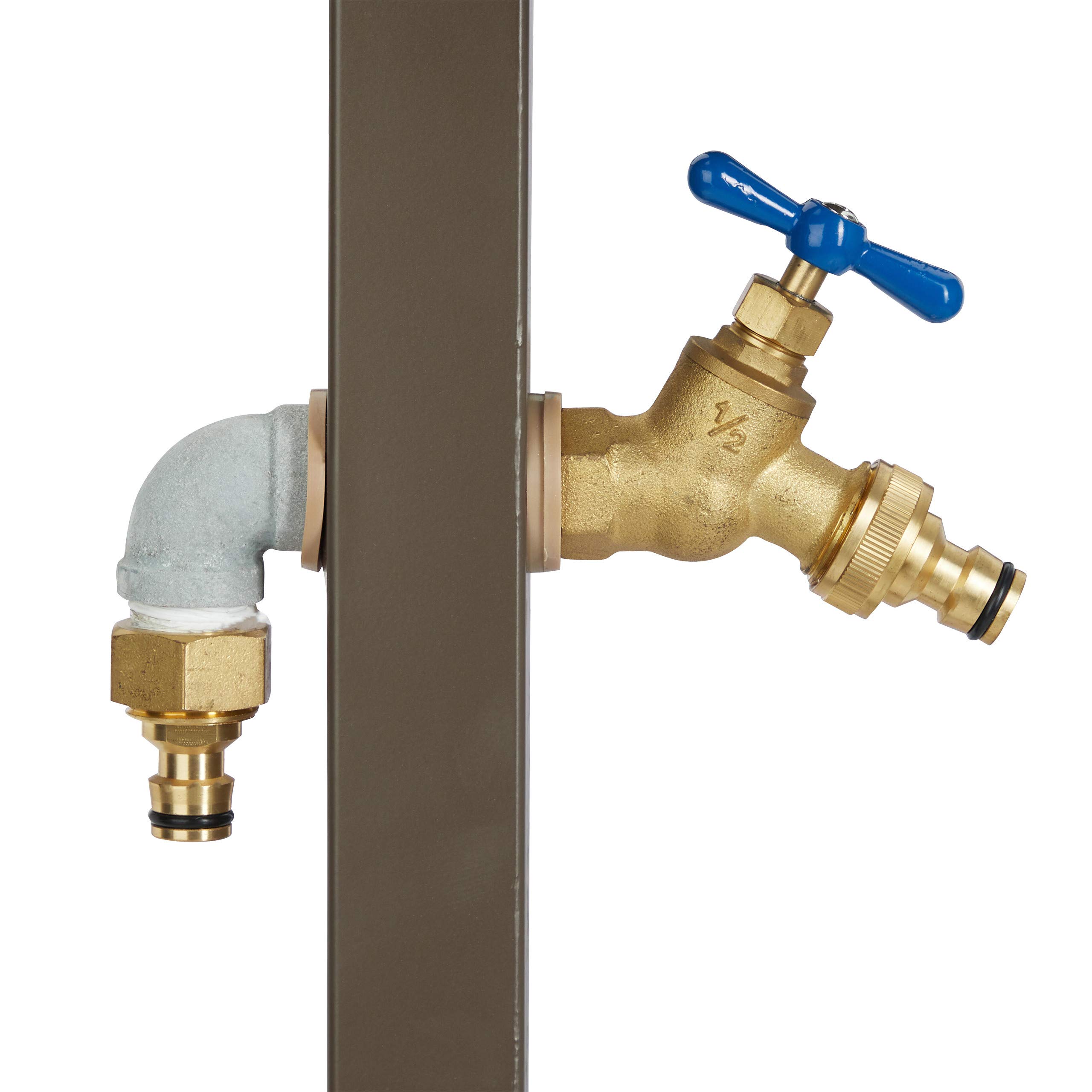 Relaxdays Porte-Tuyau d’arrosage avec Robinet, 2 adaptateurs 1/2" Inclus, Acier, Colonne d’Eau, 107,5 cm de Haut, Brun