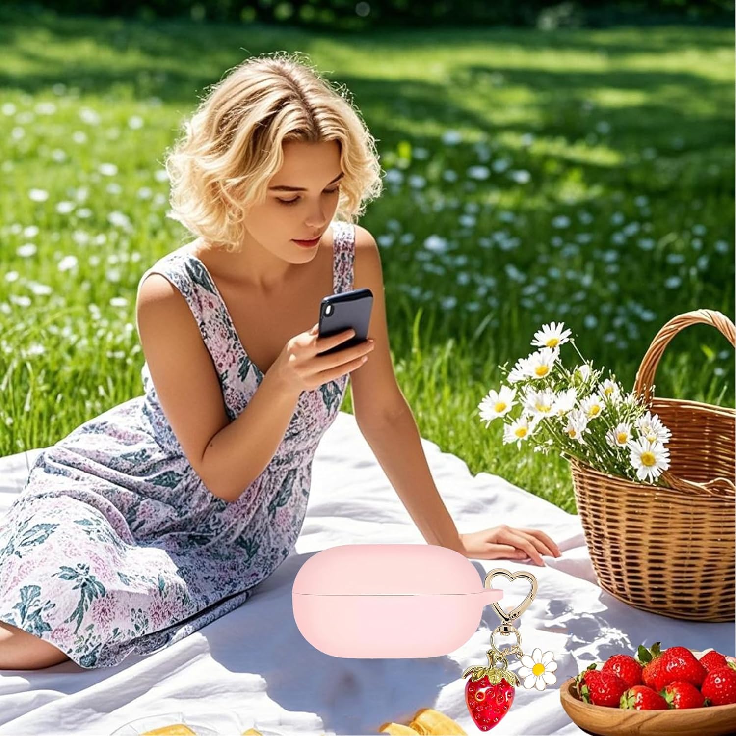 for Beats Solo Buds Case Cover with Cute Strawberry Charm Heart Keychain, Soft Silicone Protective Case Daisy Key Chains for New Beats Solo Charging Case Earbuds for Women Men Pink - Image 7