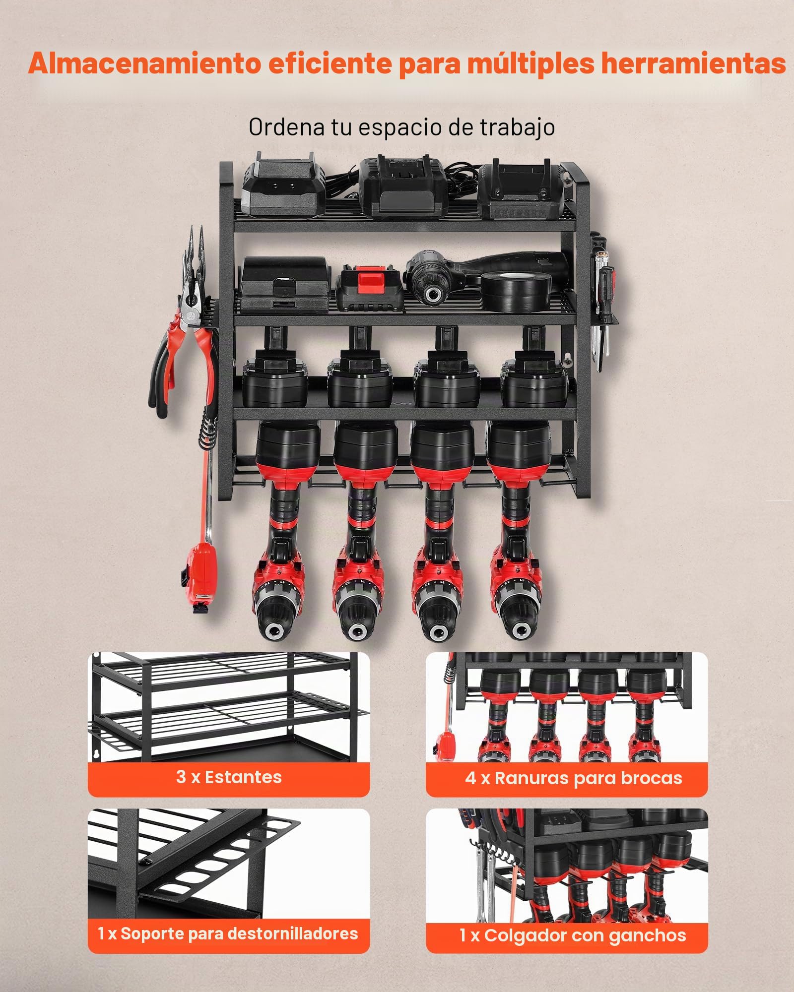 VEVOR Organizador de Herramientas Eléctricas de Pared, Estante de Almacenamiento de 4 Capas con 4 Soportes para Taladros, para Garaje, Banco de Trabajo y Taller, 490 x 200 x 370 mm, Carga 60 kg