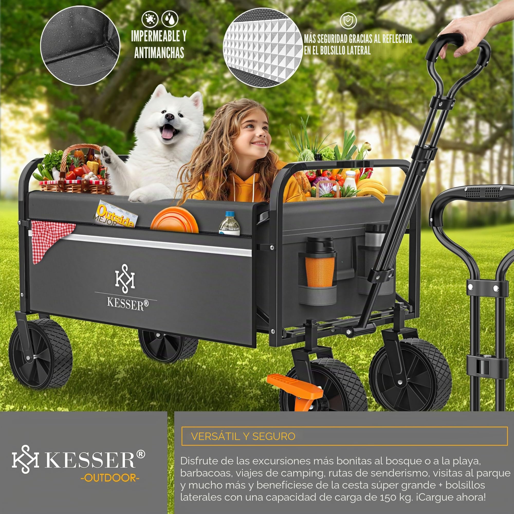 KESSER® Carro de mano plegable con capacidad de carga máxima de 150 kg y neumáticos de PVC de 360°, incluye 2 bolsillos de red, bolsillo lateral y cubierta, carro de transporte para jardín sin techo