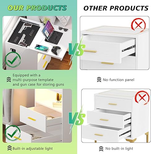 Miniatura 13 de Mesita de noche LED con cajón de pistola con cerradura, mesa auxiliar con estación de carga, mesita de noche con luz LED regulable de 3 colores a