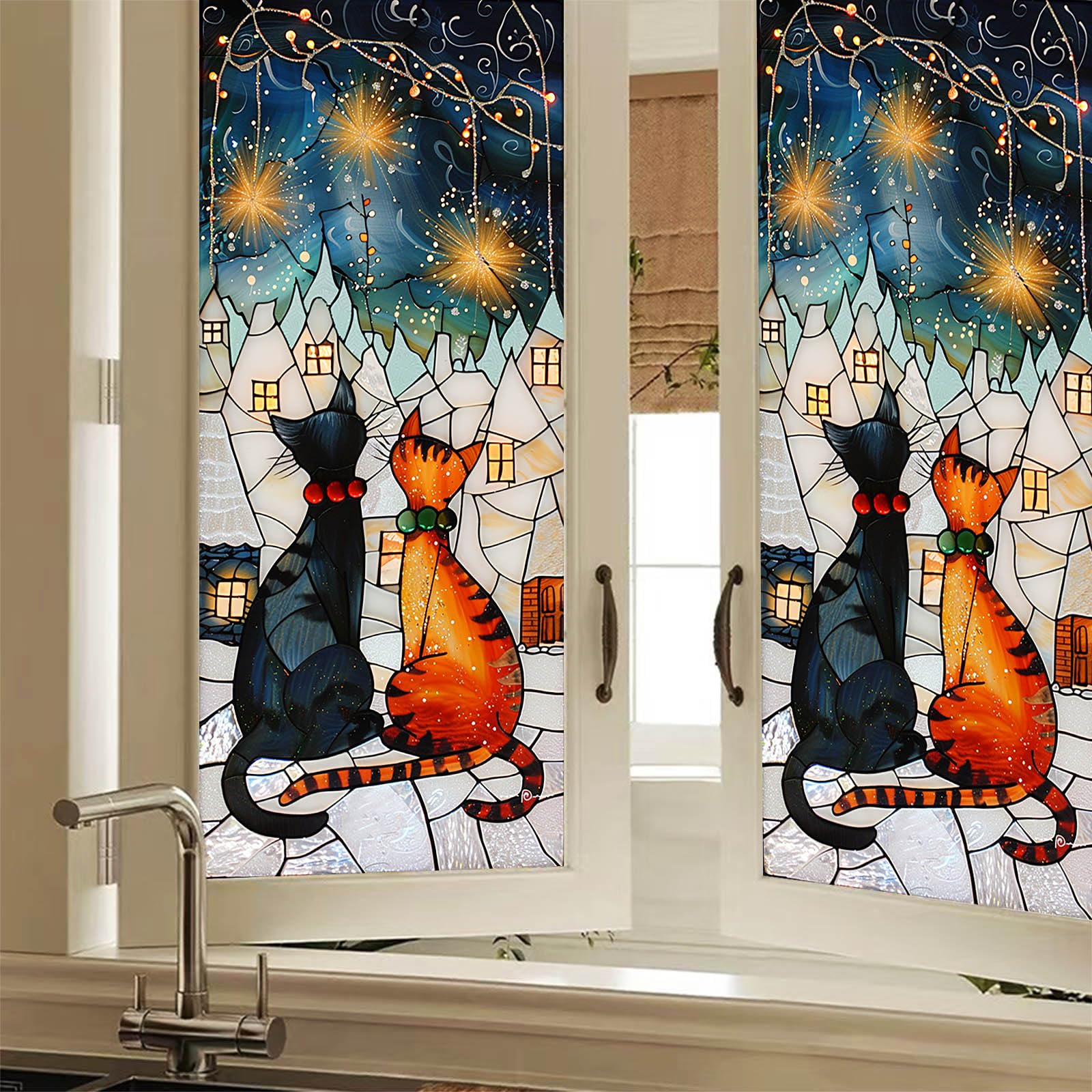 HOMETITUTE Cat Stained Glass Decorative Privacy Film Night Sky Window Cling Holiday Seasonal Window Sticker for Home Living Room Bedroom Kitchen 17.7 x 39.3 Inch