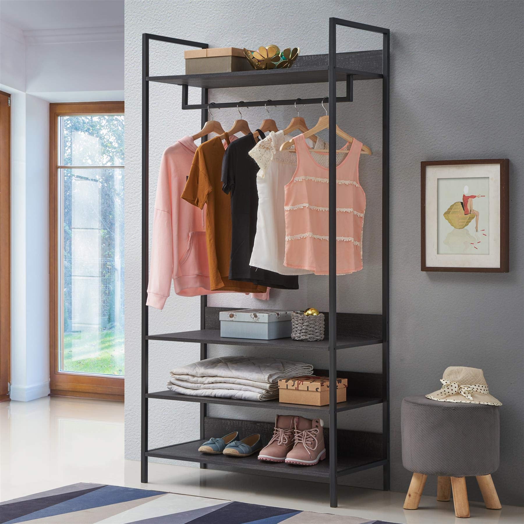 Timber Art Design UK Zahra Bedroom Double Open Wardrobe 4 Shelves Furniture Storage Cupboard Black