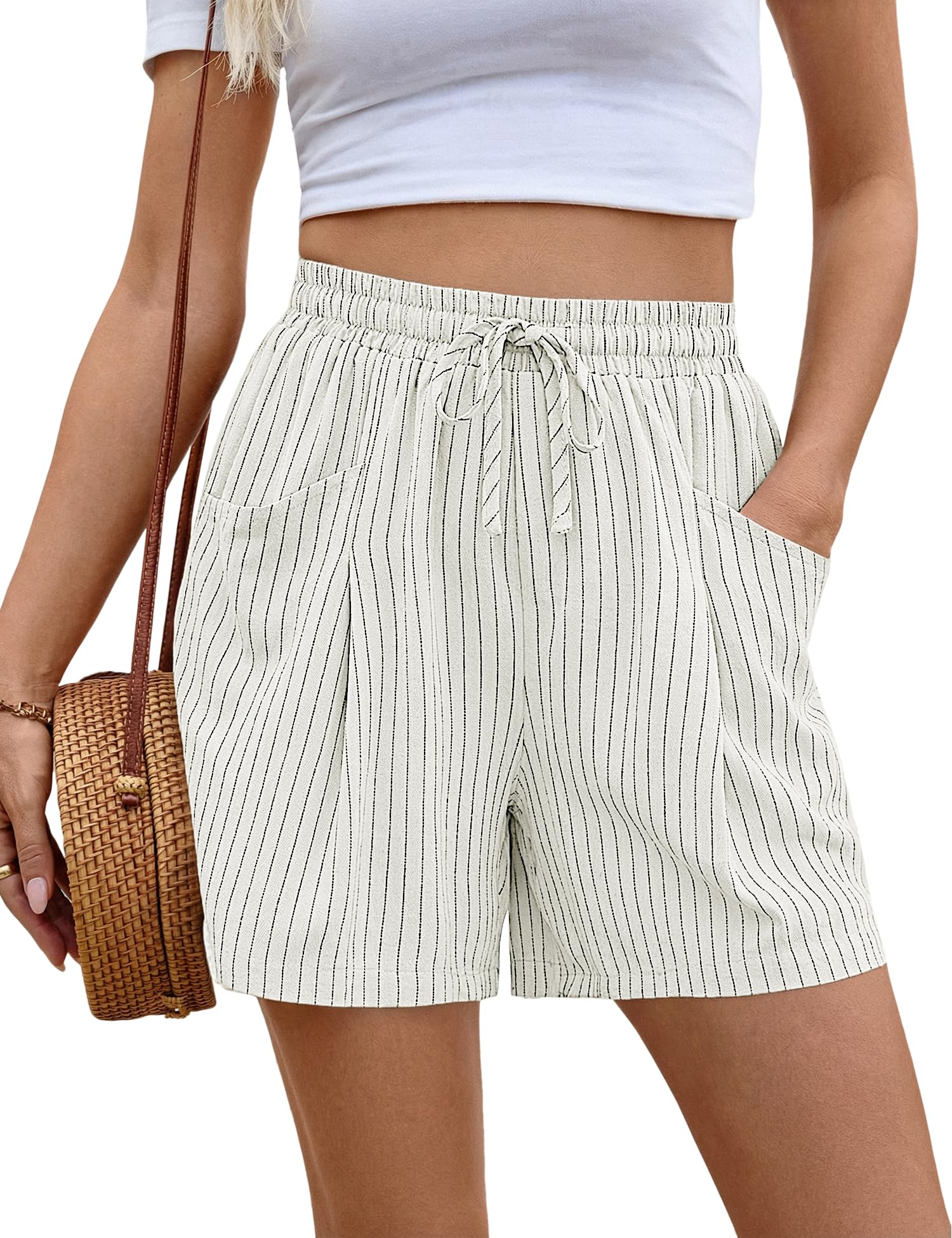 Rapbin Kurze Hose Damen Sommer Leinen Baumwolle Gummizug High Waist Leicht Shorts Leinenhose Sommershorts Damenshorts mit Taschen