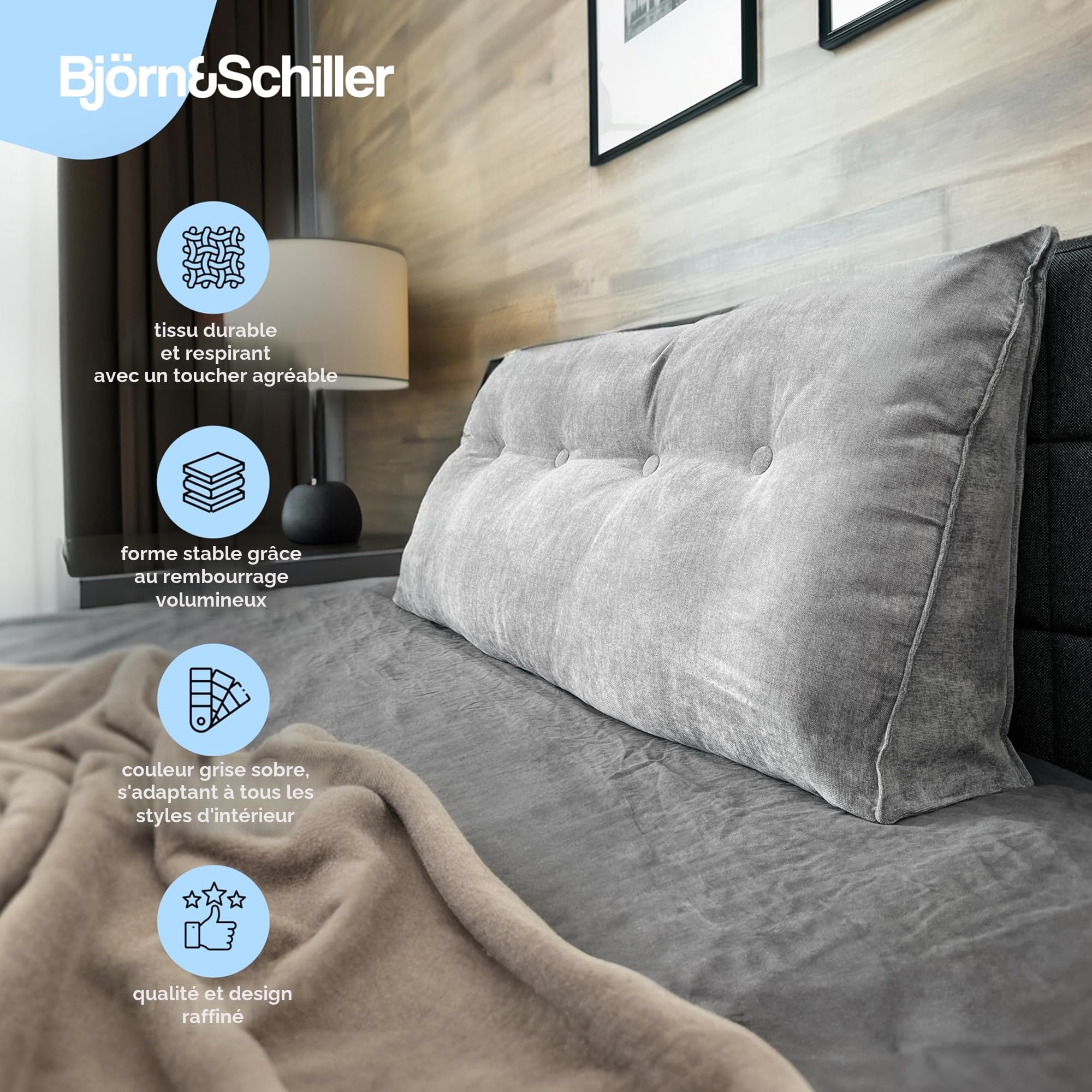 Björn&Schiller Rückenkissen Grau, 70 cm - Lesekissen für Bett und Sofa, Keilkissen, Rückenpolster für Die Wand, Sitzkissen, Wandkissen, groß mit waschbarem Bezug - Ideal zum Anlehnen