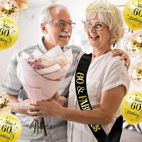 Miniatura 7 de SKJIAYEE Decoraciones de cumpleaños número 60 para mujer, banda dorada negra "60 y fabulosa" y corona dorada con purpurina 60 y globos de cumpleaños