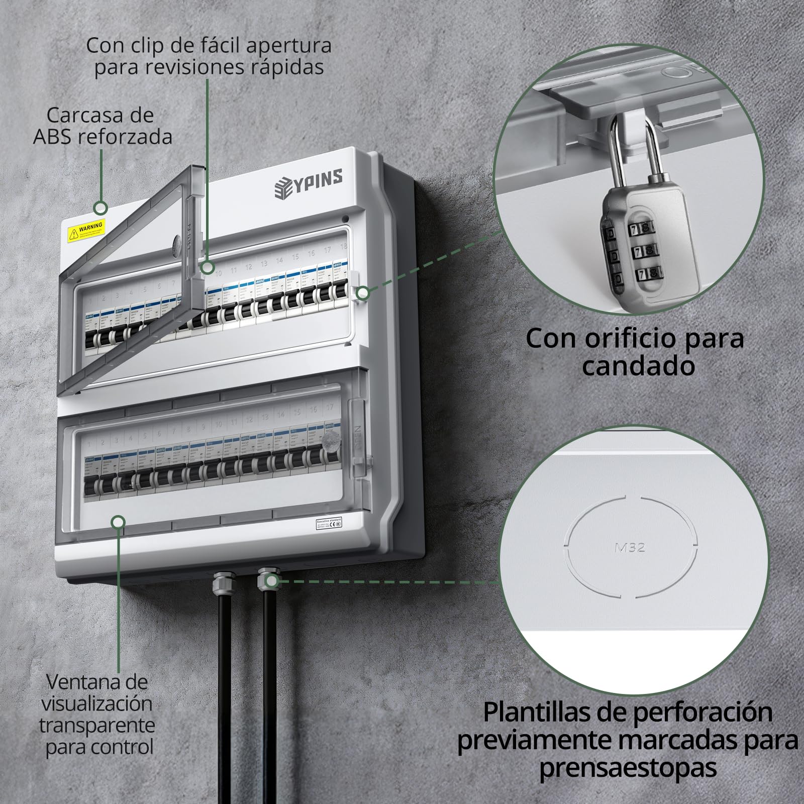 EYPINS Caja Estanca Exterior Electrica 2 Filas 36 Módulos, Caja de Distribución de Superficie de Apertura Horizontal,Carcasa Aleación de PC, IP66 Impermeable y Antipolvo para Taller Jardín Obra
