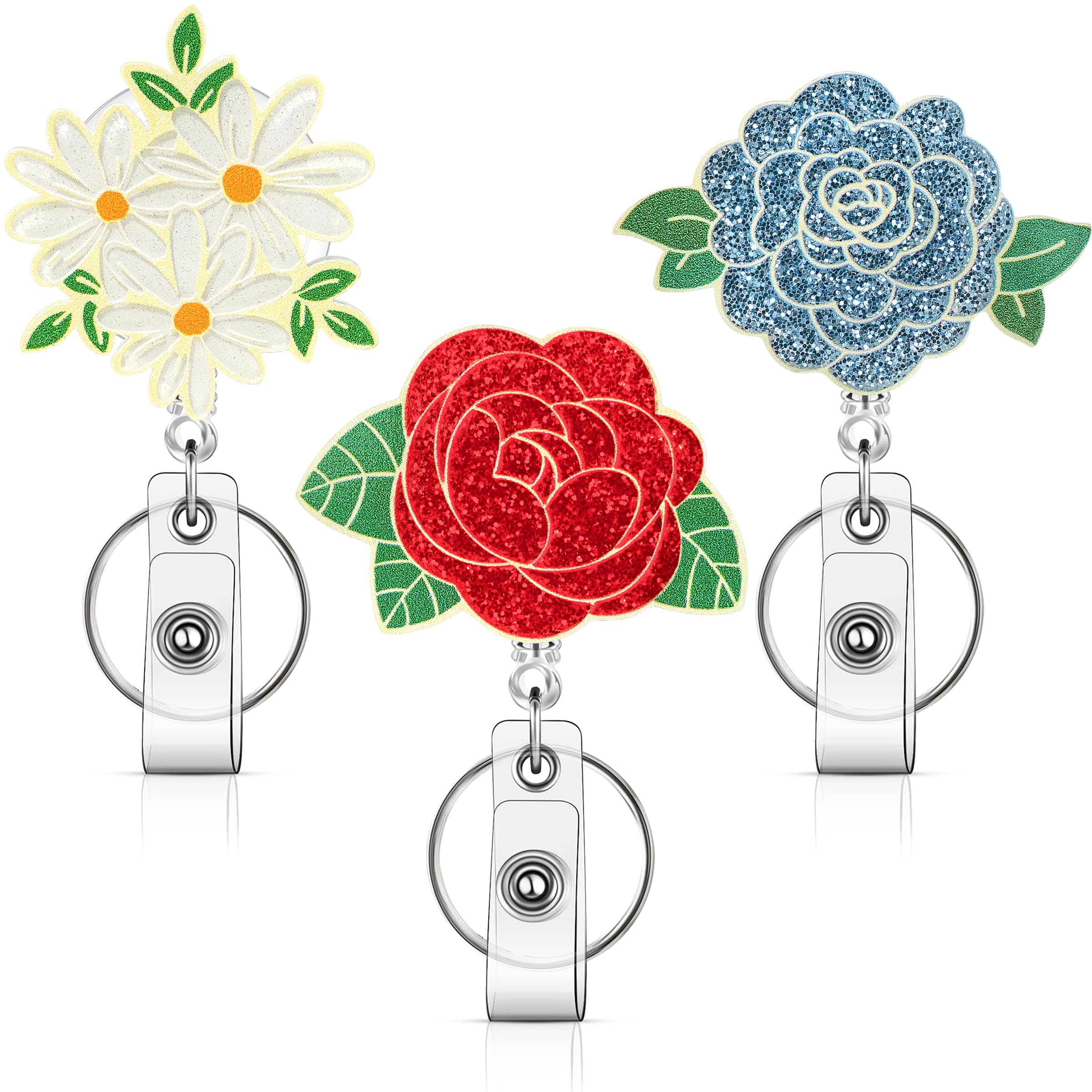 3 Pcs Flower Badge Reel with Alligator Clip ID Cute Retractable Badge Holder Reel Nurse Badge Holder with Key Ring Teacher Nurse Doctor Worker (Cute