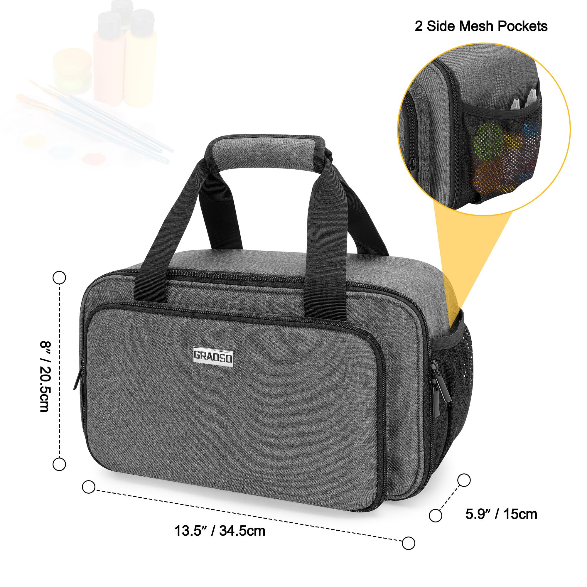 GRAOSO Bolsa organizadora de pintura acrílica para hasta 54 botellas (2 onzas), estuche de almacenamiento de suministros de arte con correa de asa, bolsillo adicional para pinceles, tablero de paleta,