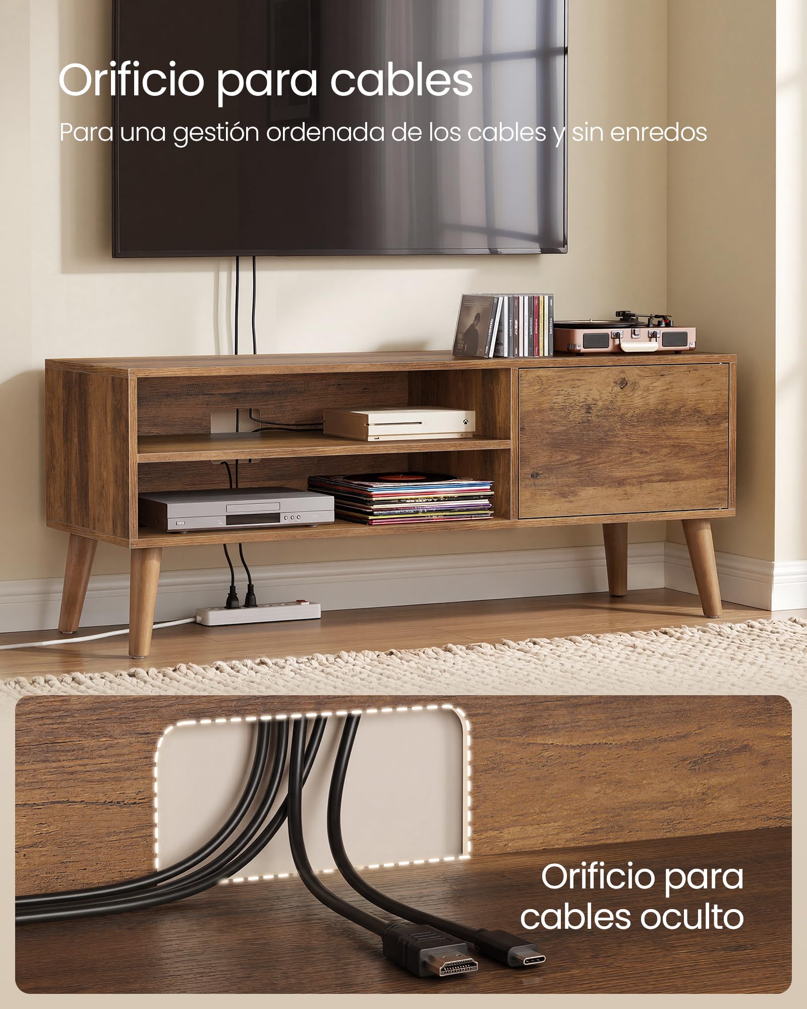 VASAGLE Mueble TV, Mesa de TV, para Televisores de hasta 55 Pulgadas, Largo de 120 cm, Centro de Entretenimiento, de Mediados de Siglo para Salón, Dormitorio, Marrón Rústico LTV120K101