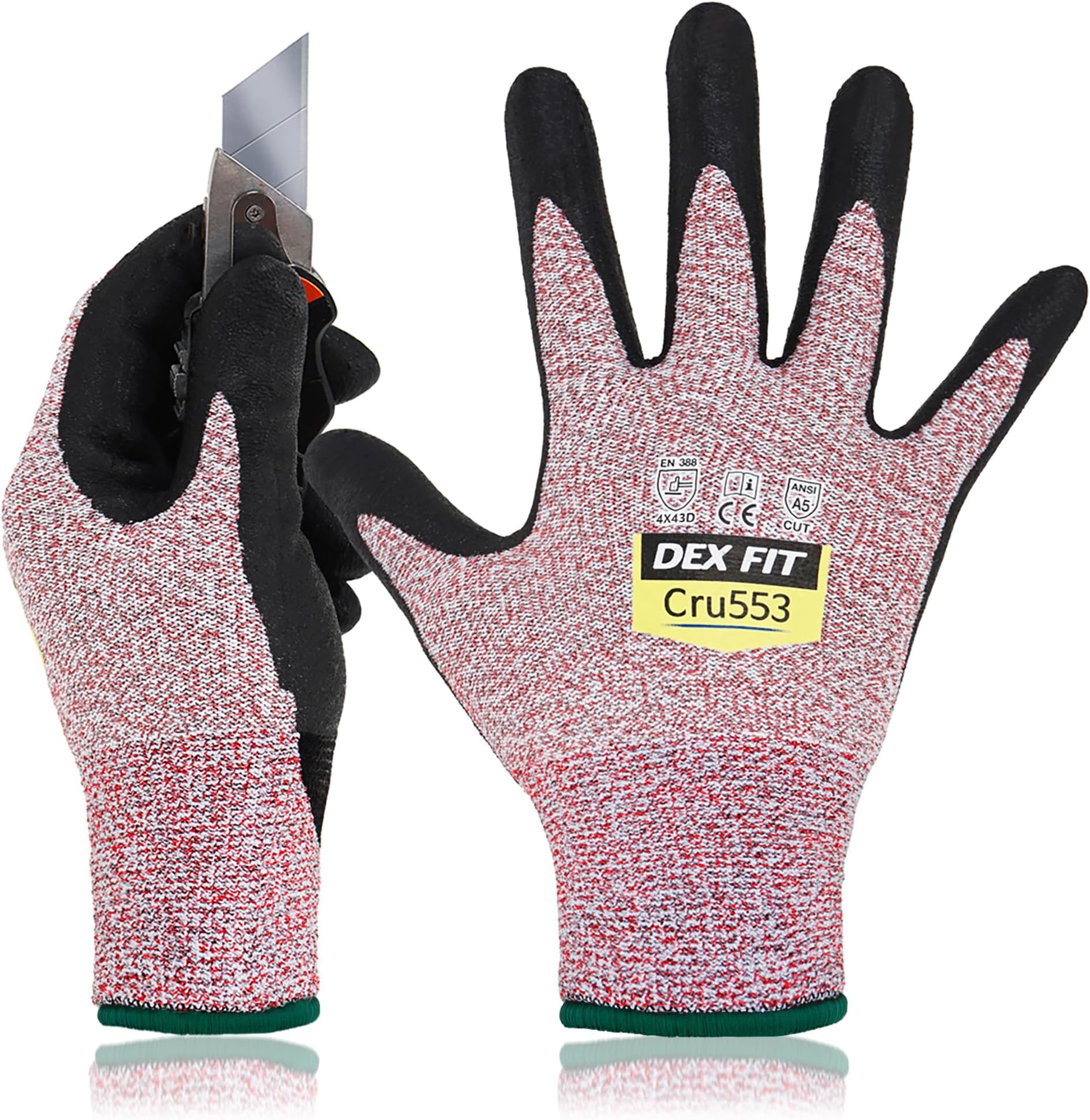 Level 5 Cut Resistant Gloves Cru553; Firm Non-Slip Grip; Thin & Lightweight; Durable & Foam Coated; Touchscreen Compatible; 3D-Comfort Fit; Cut Proof Work Gloves; Red M (8) 3 Pairs