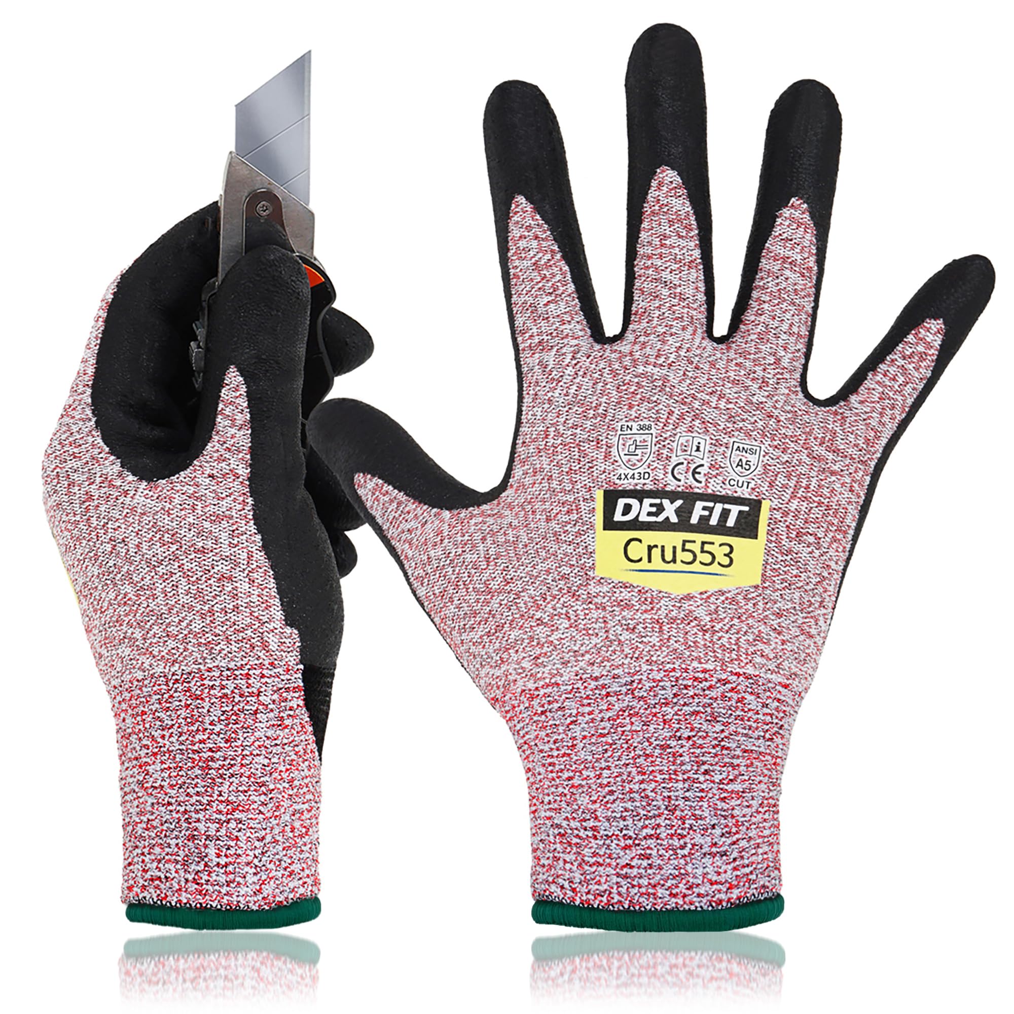 DEX FIT Level 5 Cut Resistant Gloves Cru553, 3D Comfort Stretch Fit, Power Grip, Durable Foam Nitrile, Smart Touch, Machine Washable, Thin & Lightweight, Red 8 (M) 3 Pairs