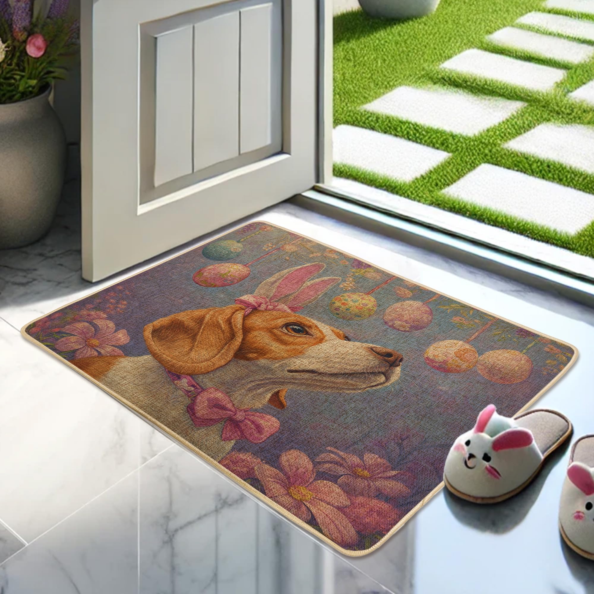 Beagle Easter Doormat, Colorful Dog Design for Spring Holiday Decor, Indoor & Outdoor Non-Slip Entrance Mat, Waterproof & Easy Clean, Floral Bunny