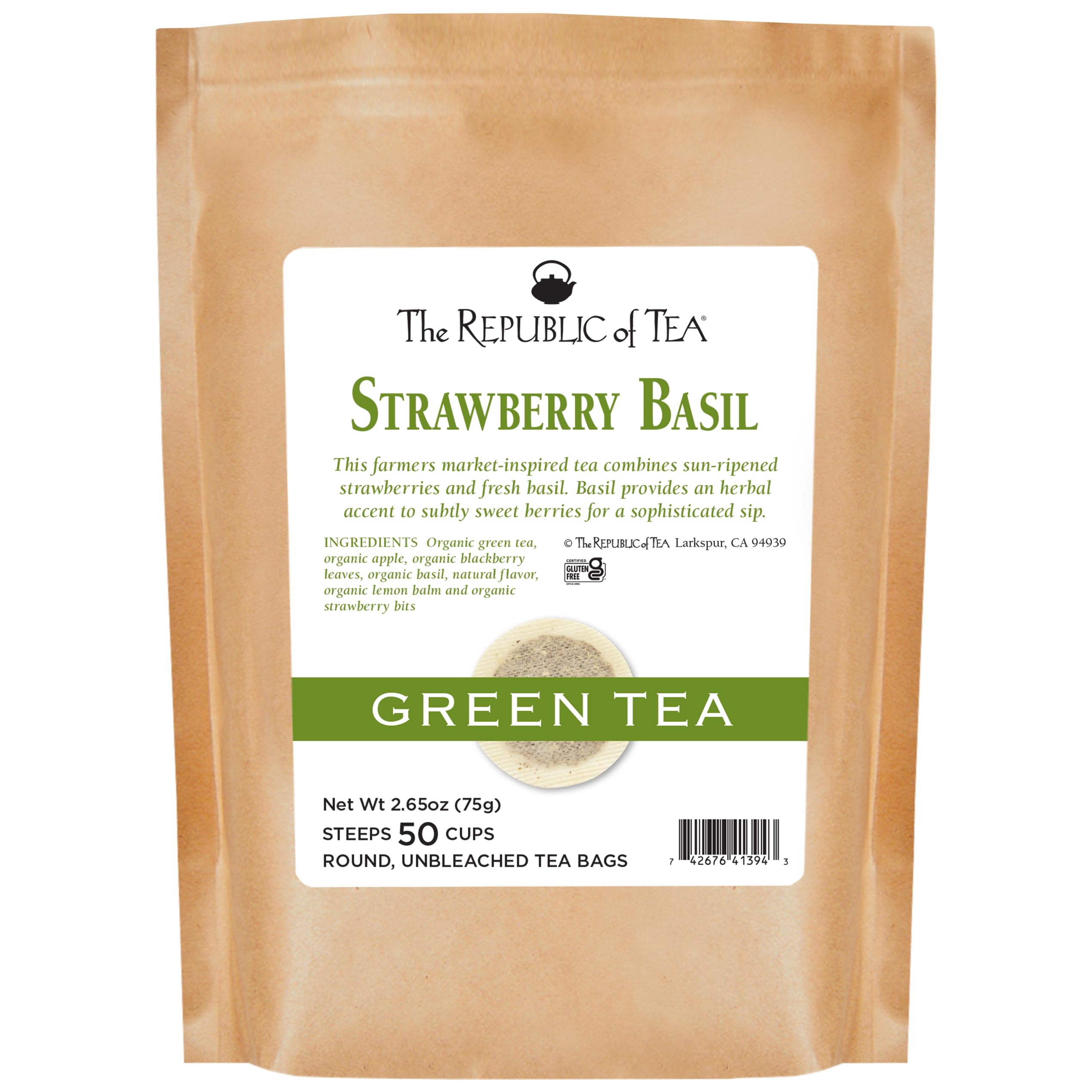 The Republic of Tea Organic Strawberry Basil Green Tea, 50 Tea Bags (Refill Bag)