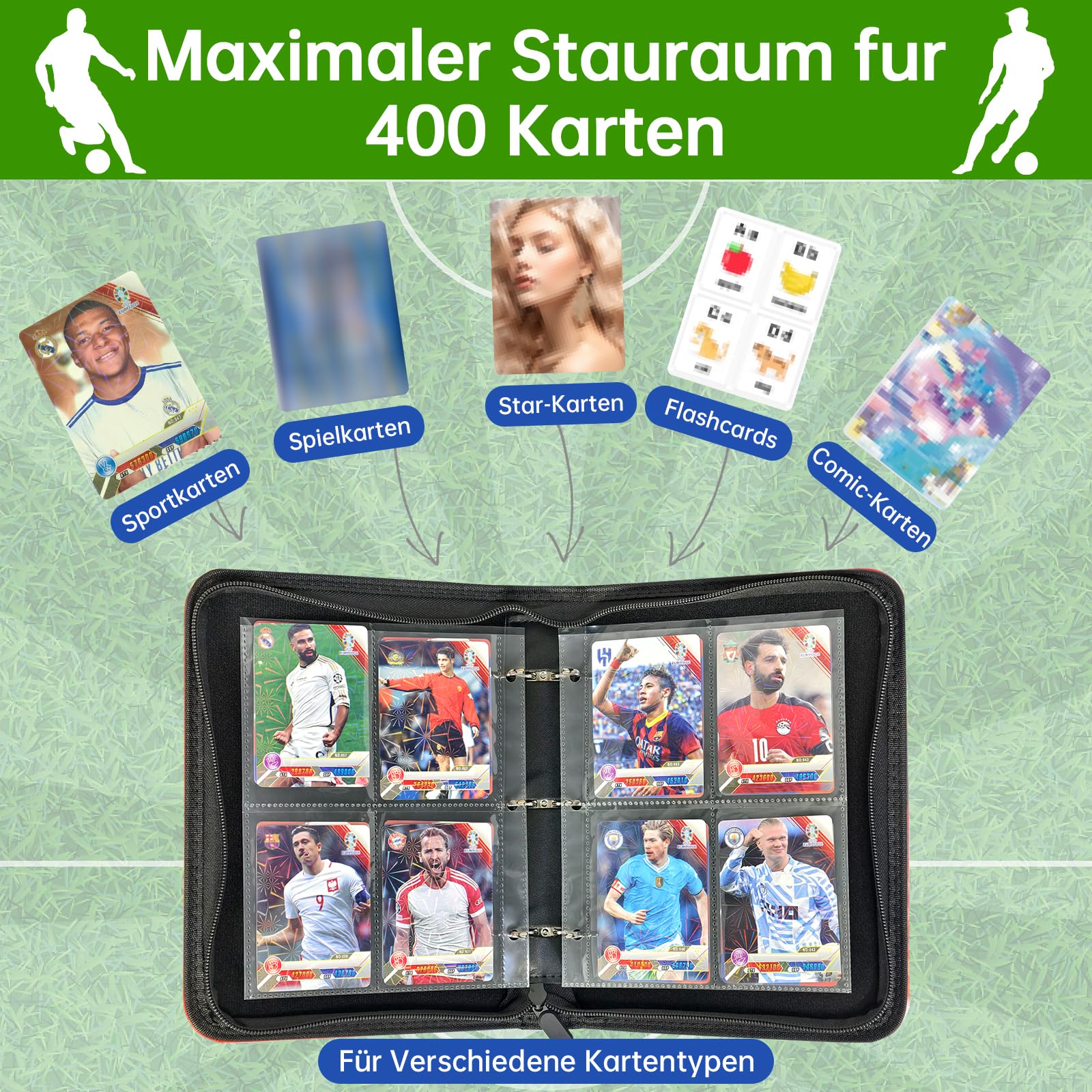 WM 2026 Fussball Sammelkarten Album mit Reißverschluss Tragegriff, 4 Fächern 50 Hüllen für 400 Karten, Fußball Karten Sammelalbum Sammelmappe Sammelheft Sammelbuch, Wasserdicht Heft Ordner - 5