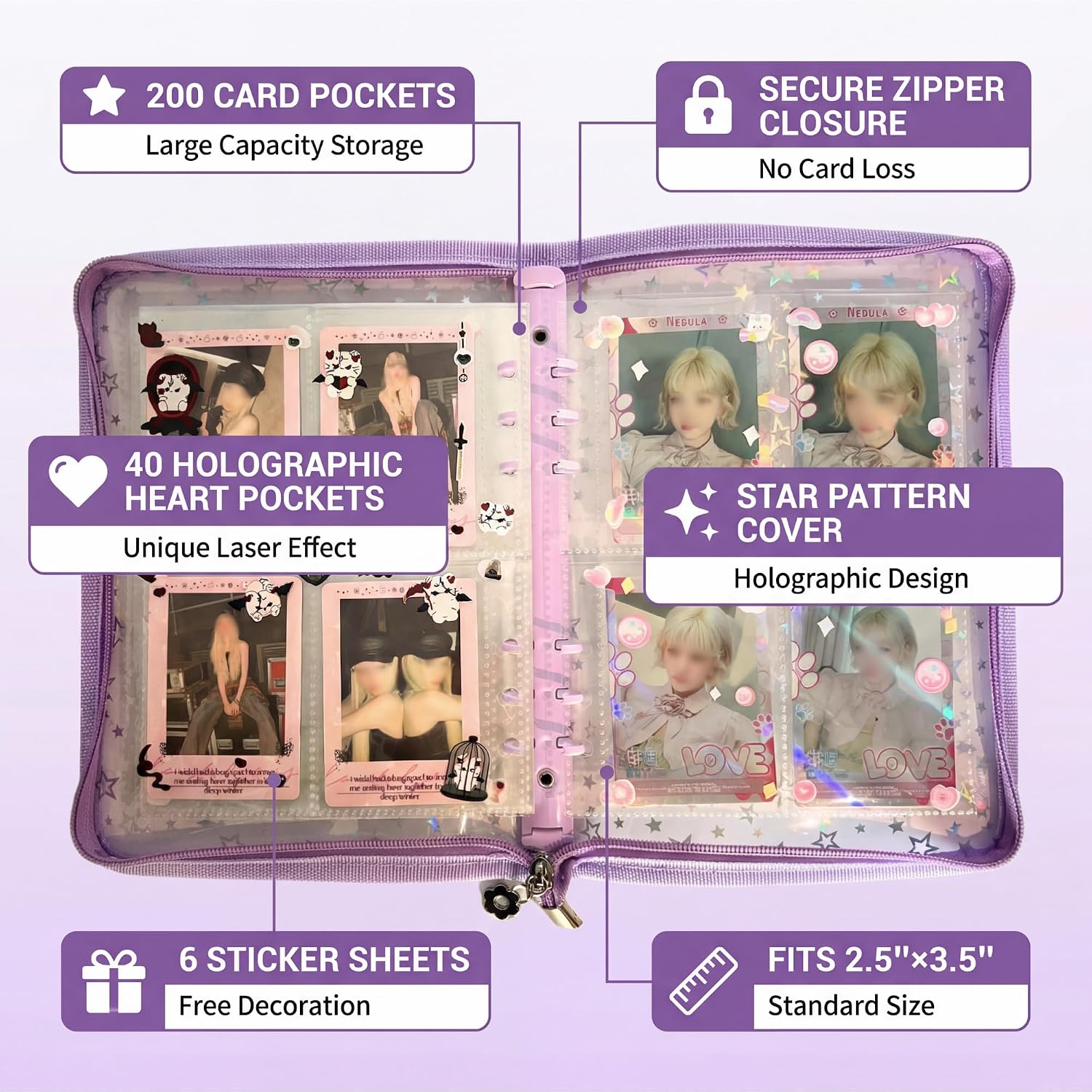 A5 Kpop Photocard Binder Zipper, Star Glitter Cover
