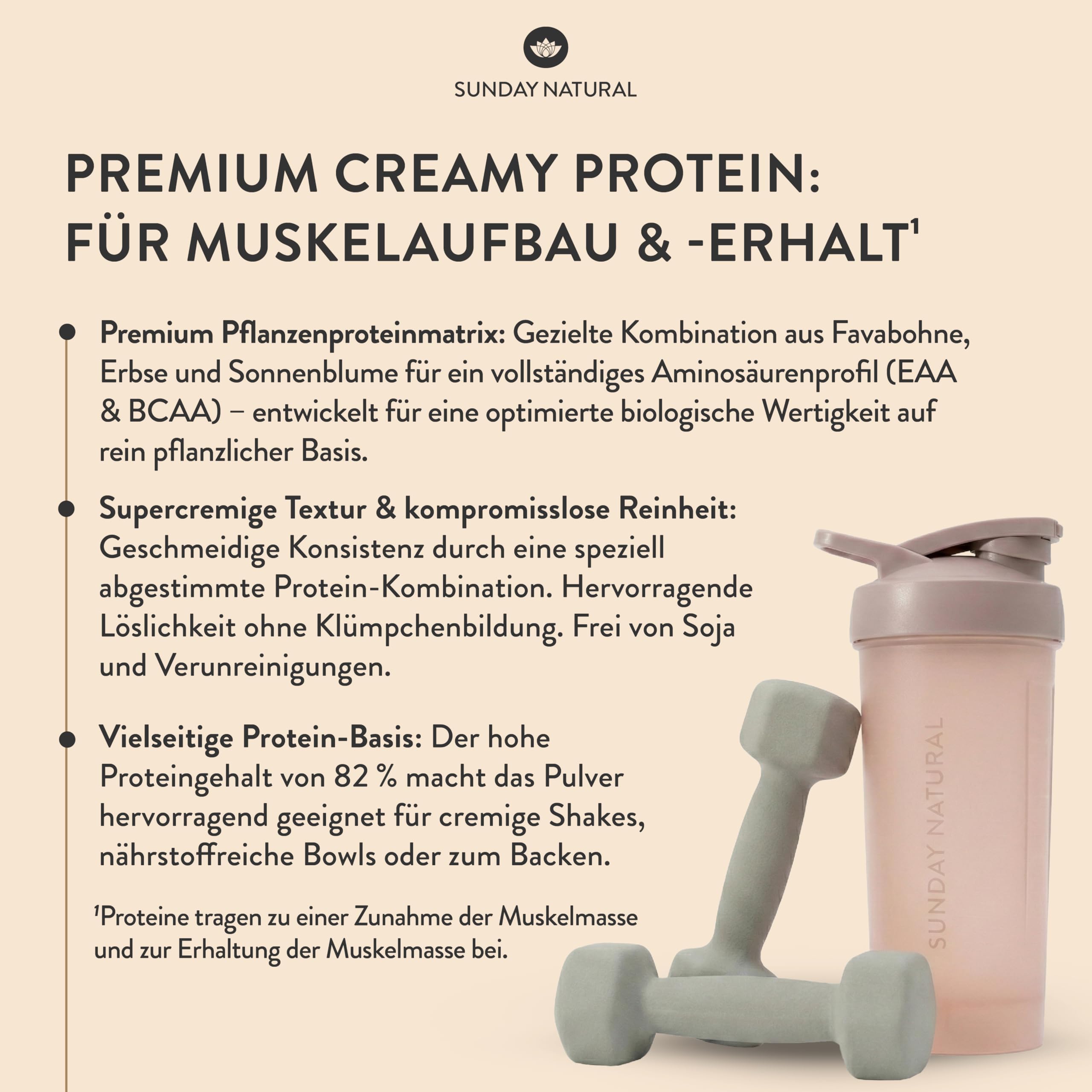 SUNDAY NATURAL® Veganes Proteinpulver – 1 Kg – Super Creamy Vegan Protein Pulver Vanille – 25g Eiweiß pro Portion - 3K Protein-Shake – Gesamtes EAA- & BCAA-Profil – Ohne Zuckerzusatz, Laborgeprüft