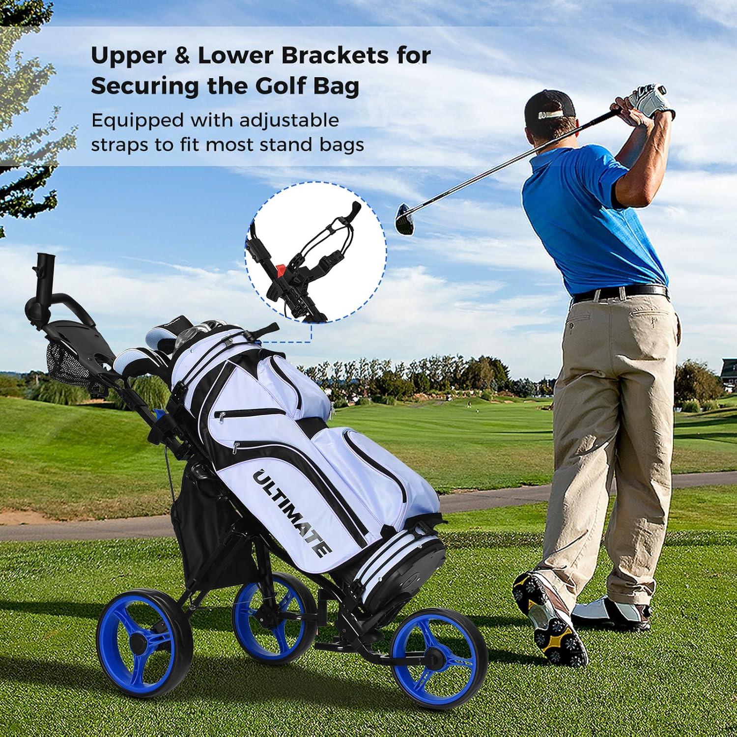ULTIMATE 3 Wheel Golf Push Pull Cart, Foldable Lightweight Golf Bag Trolley w/Adjustable Seat and Handle, Scorecard Holder, Umbrella Holder, Cup Holder, Storage Bag and Foot Brake