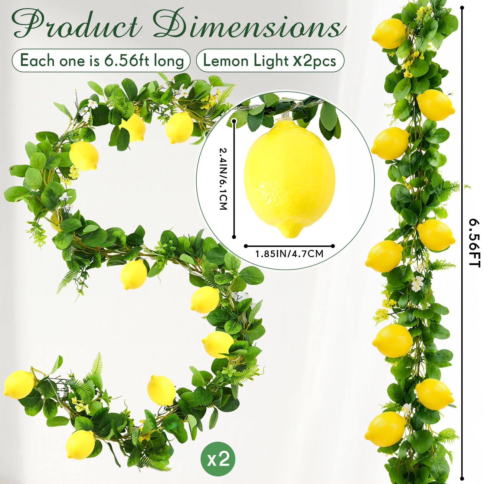 Baquler 2 Stück 3D-LED-Lichterkette, batteriebetrieben, Frühling, Sommer, künstliche Obstgirlande, Glühbirnen mit Zweigen, Blättern, Lichterketten für Hochzeit, Party, Tischdekoration, Zitronenblüte