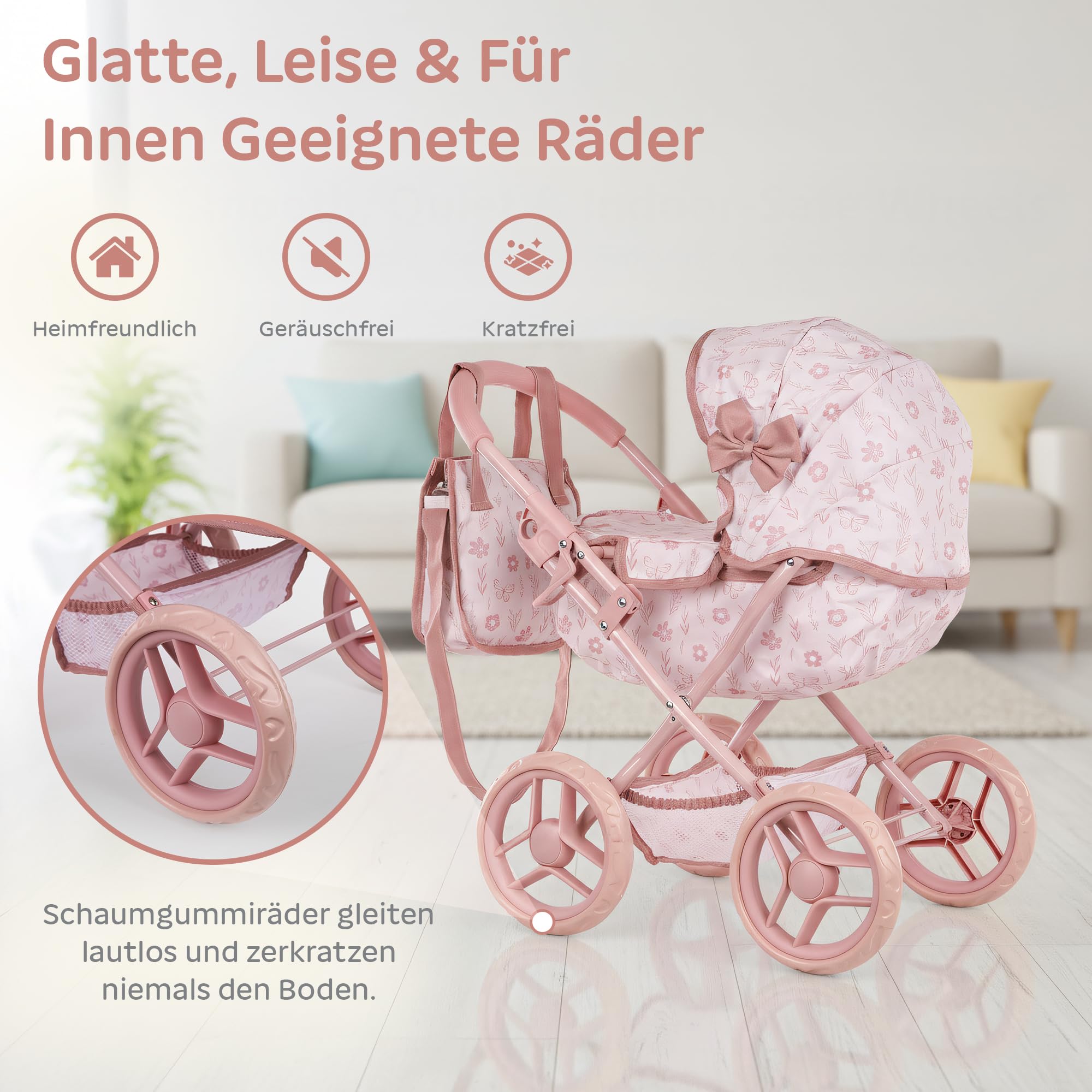 Kinderplay Puppenwagen für Mädchen ab 3 Jahren, tiefer Puppen Kinderwagen mit Babywanne, faltbar mit Schaumstoffrädern, verstellbares Dach, Puppenwagen mit Tasche und Unterkorb