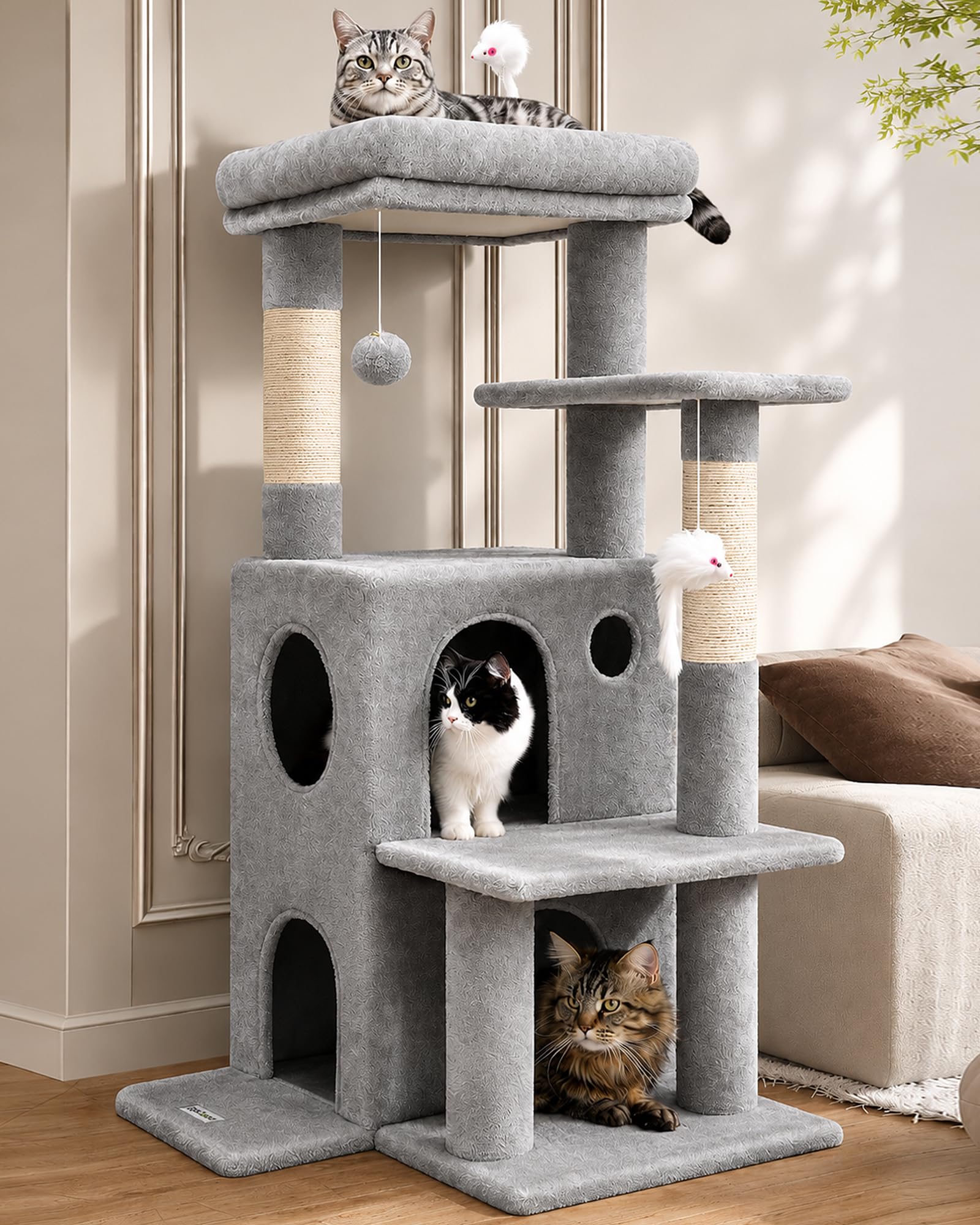 Globlazer Tiragraffi per Gatti Stabile con Grandi Base Grotta Imbottiti Piattaforma Peluche Giocattoli, Albero Tiragraffi Alto 127 cm per Grandi Gatti Anziani Riposare Giocare (FC50, Grigio Chiaro)