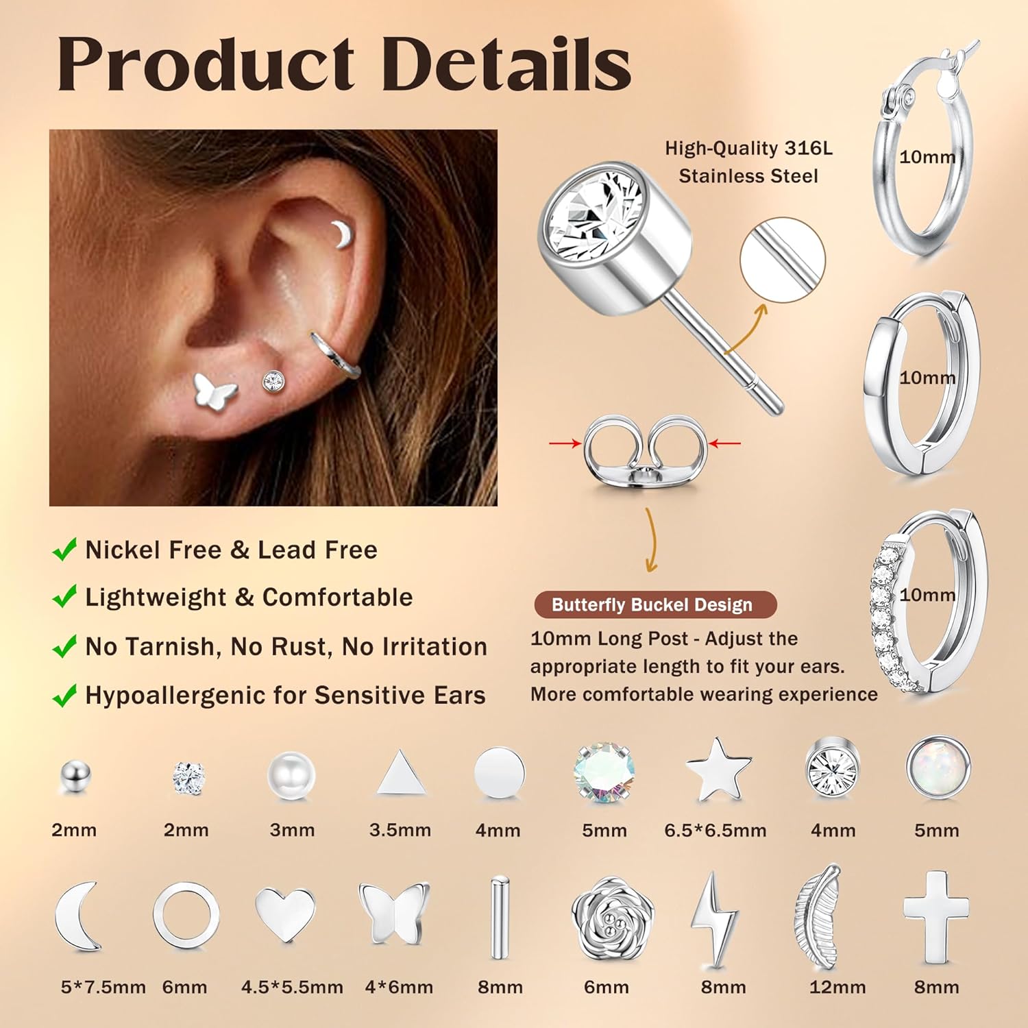 FASACCO 21Pairs Stainless Steel Earrings Silver Stud Hoop Earrings Sets for Multiple Piercing Small Tiny Studs Huggie Hoops - Image 2